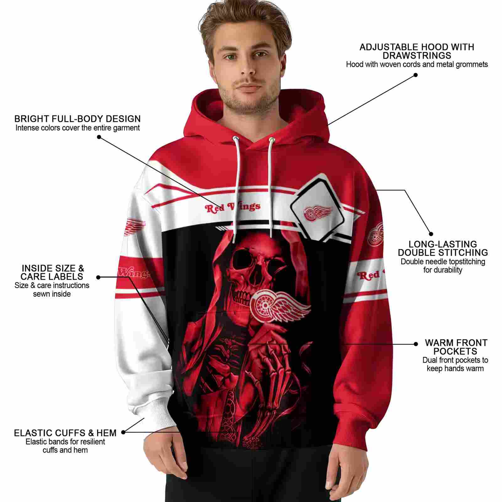 customized detroit red wings grim reaper red black hoodie latest model