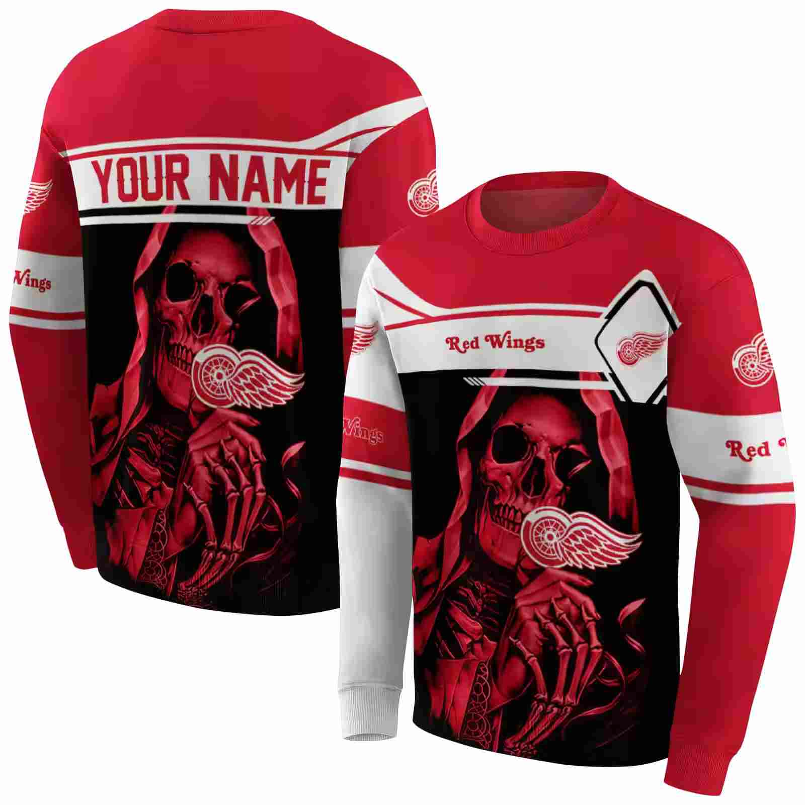 customized detroit red wings grim reaper red black hoodie premium grade