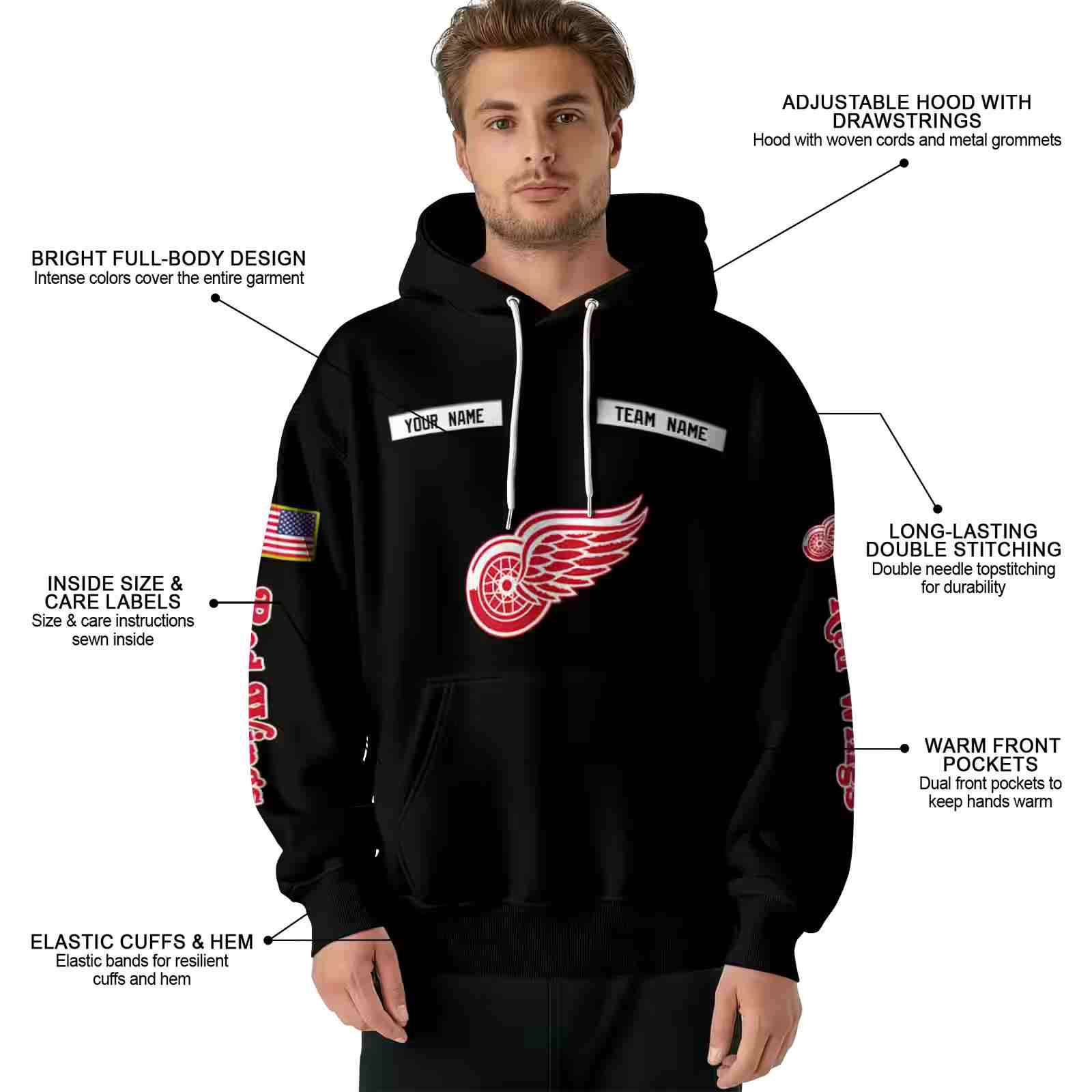 customized detroit red wings punisher skull black hoodie latest model