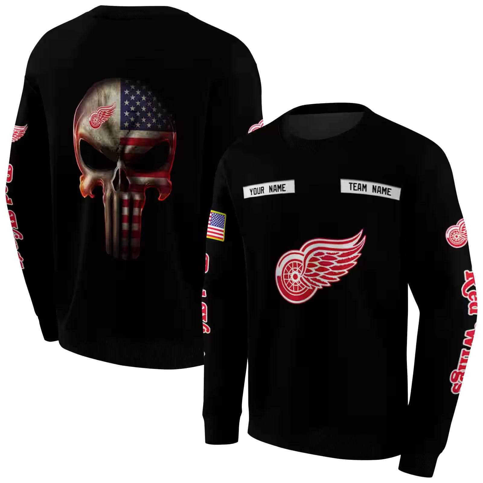 customized detroit red wings punisher skull black hoodie premium grade