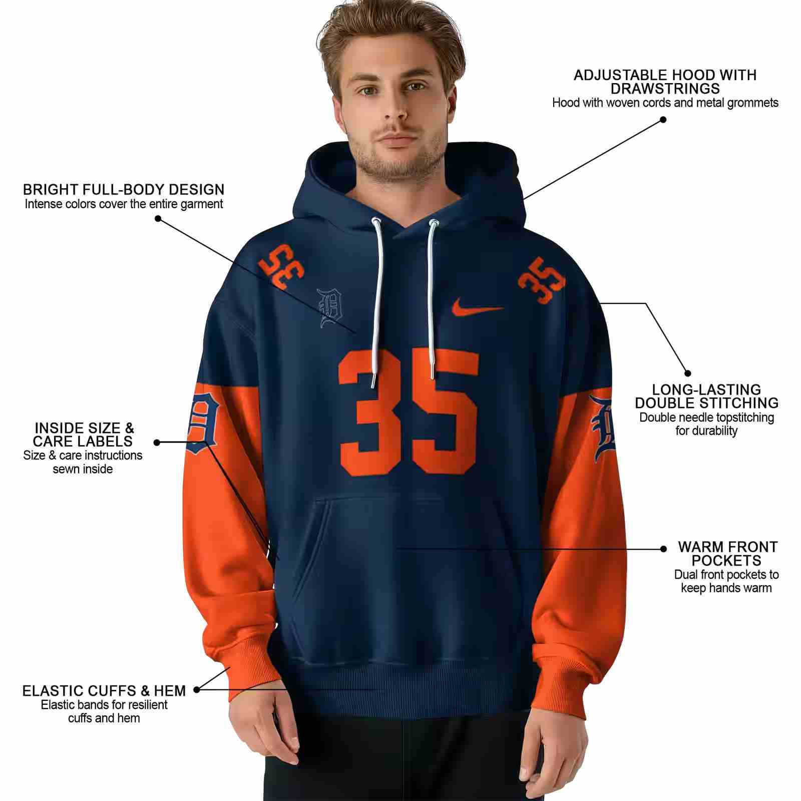 customized detroit tigers minimal design navy hoodie latest model