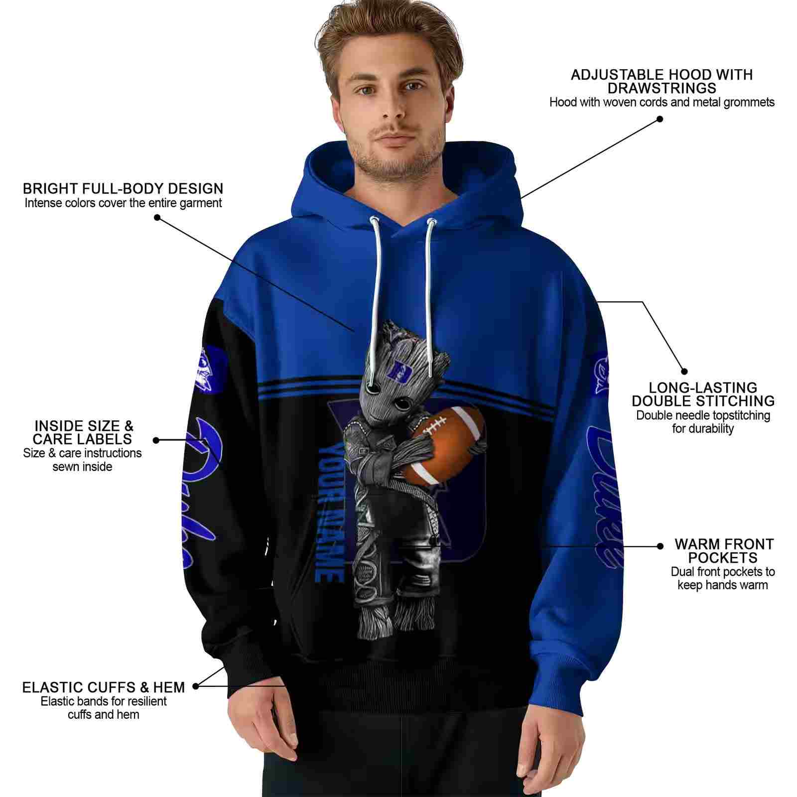 customized duke blue devils baby groot blue black hoodie latest model