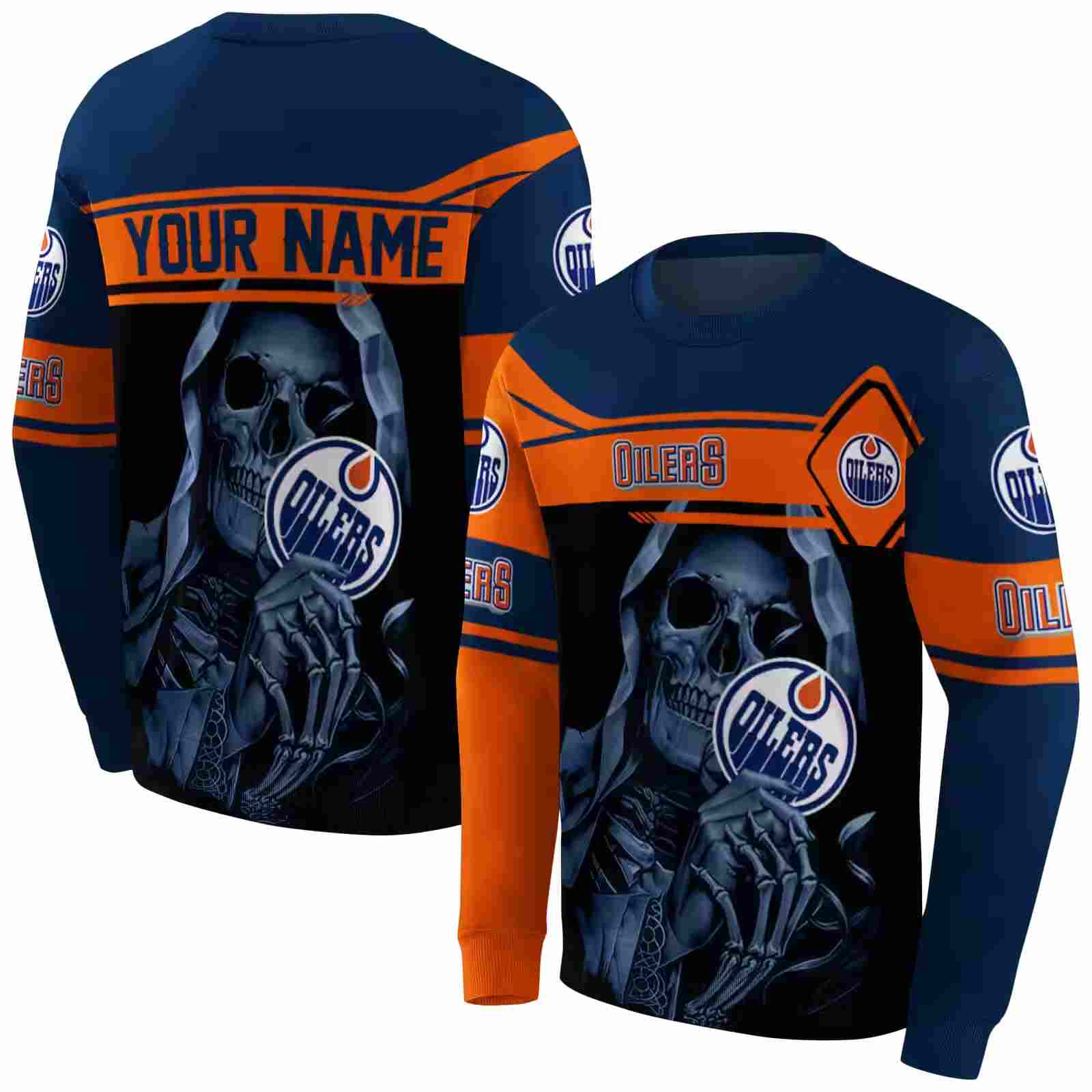 customized edmonton oilers grim reaper blue black hoodie premium grade