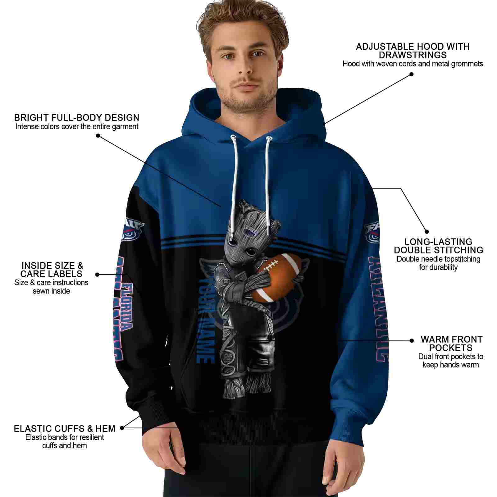 customized florida atlantic owls baby groot blue black hoodie latest model