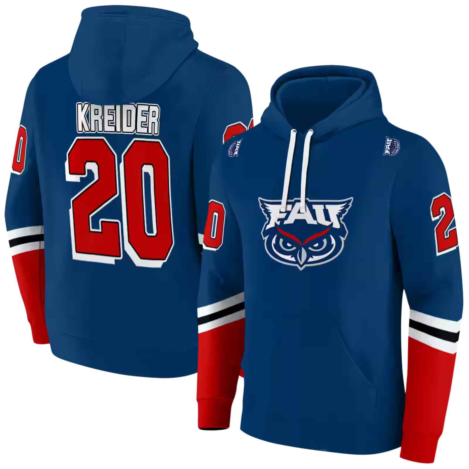 customized florida atlantic owls striped sleeves blue hoodie fashion forward