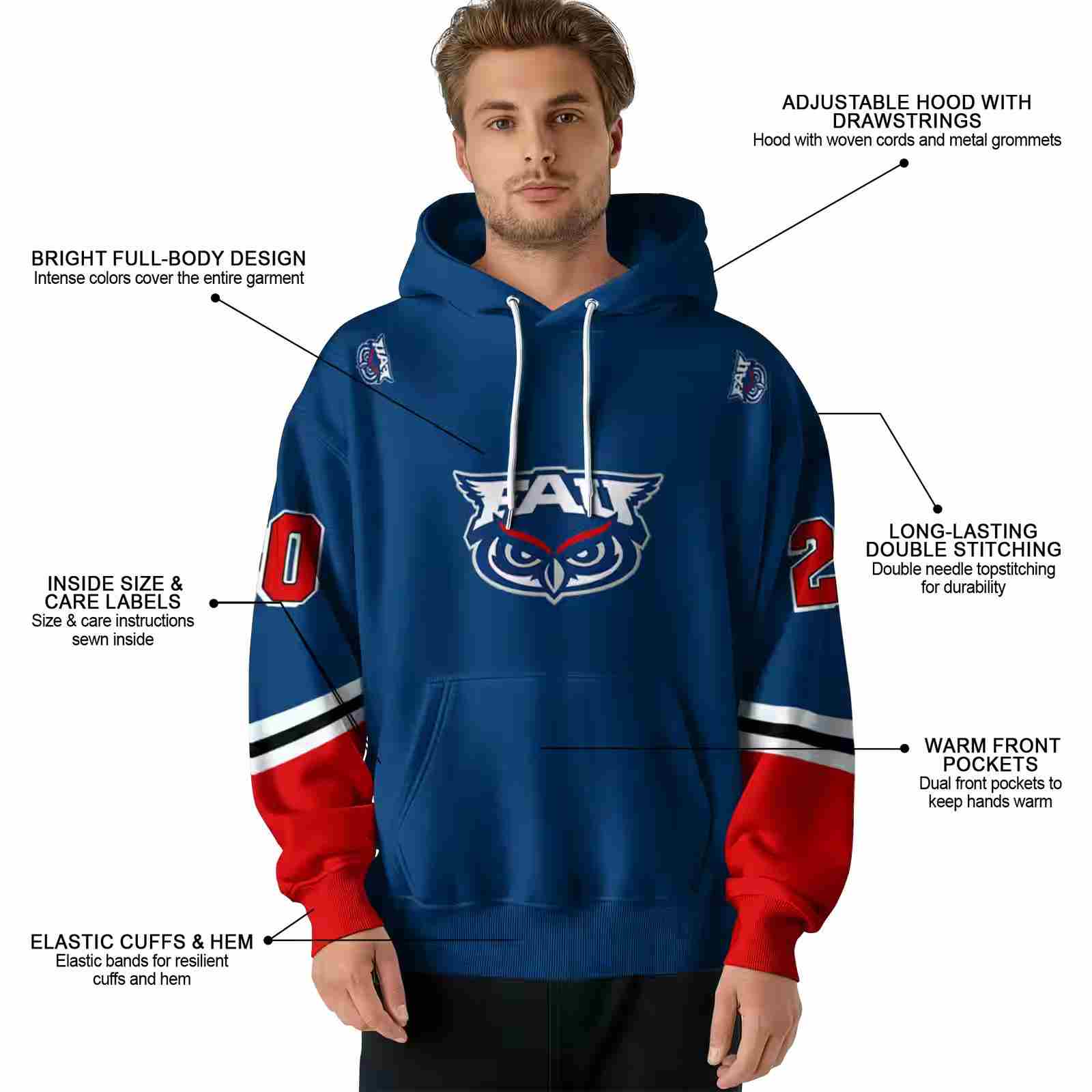 customized florida atlantic owls striped sleeves blue hoodie latest model