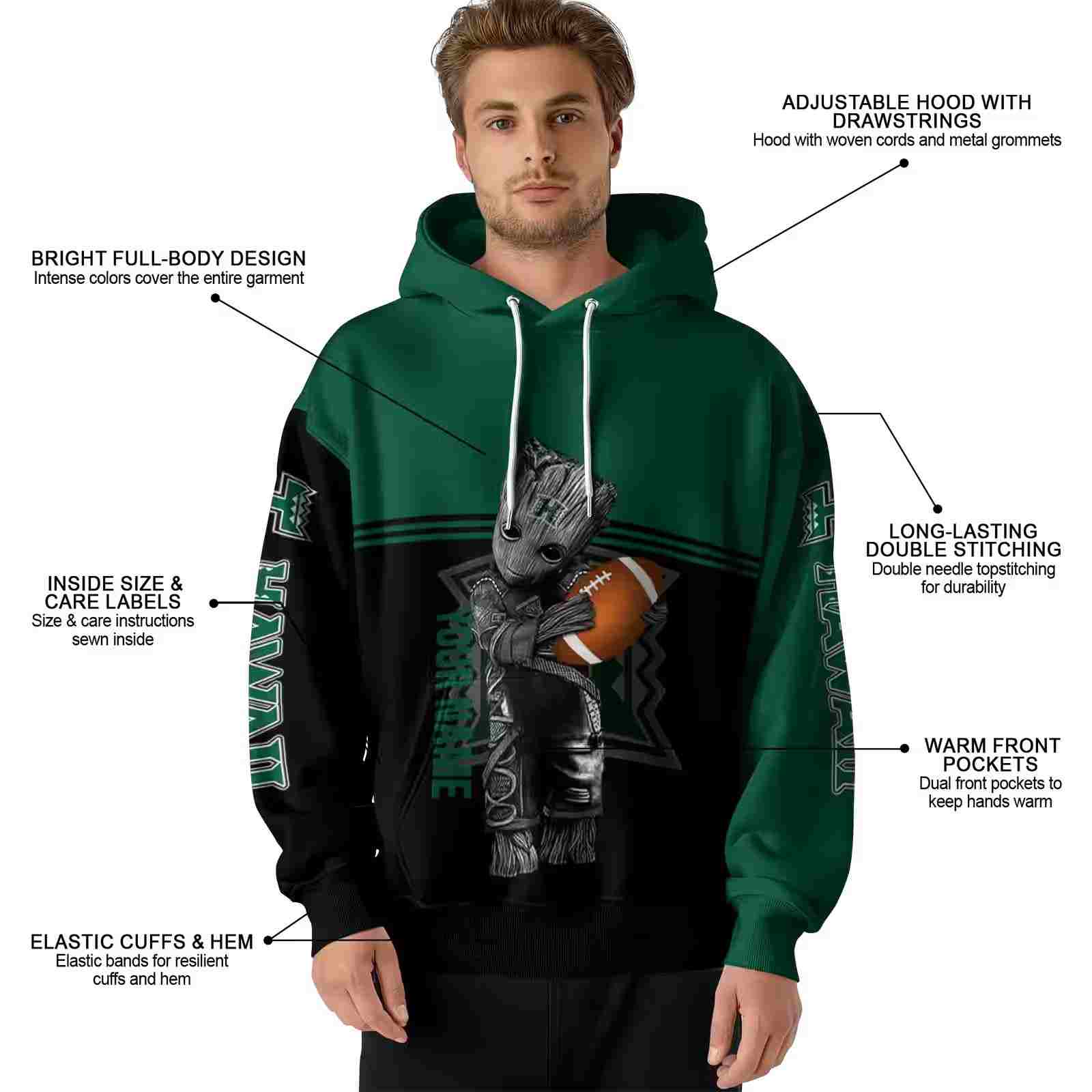 customized hawaii rainbow warriors baby groot green black hoodie latest model