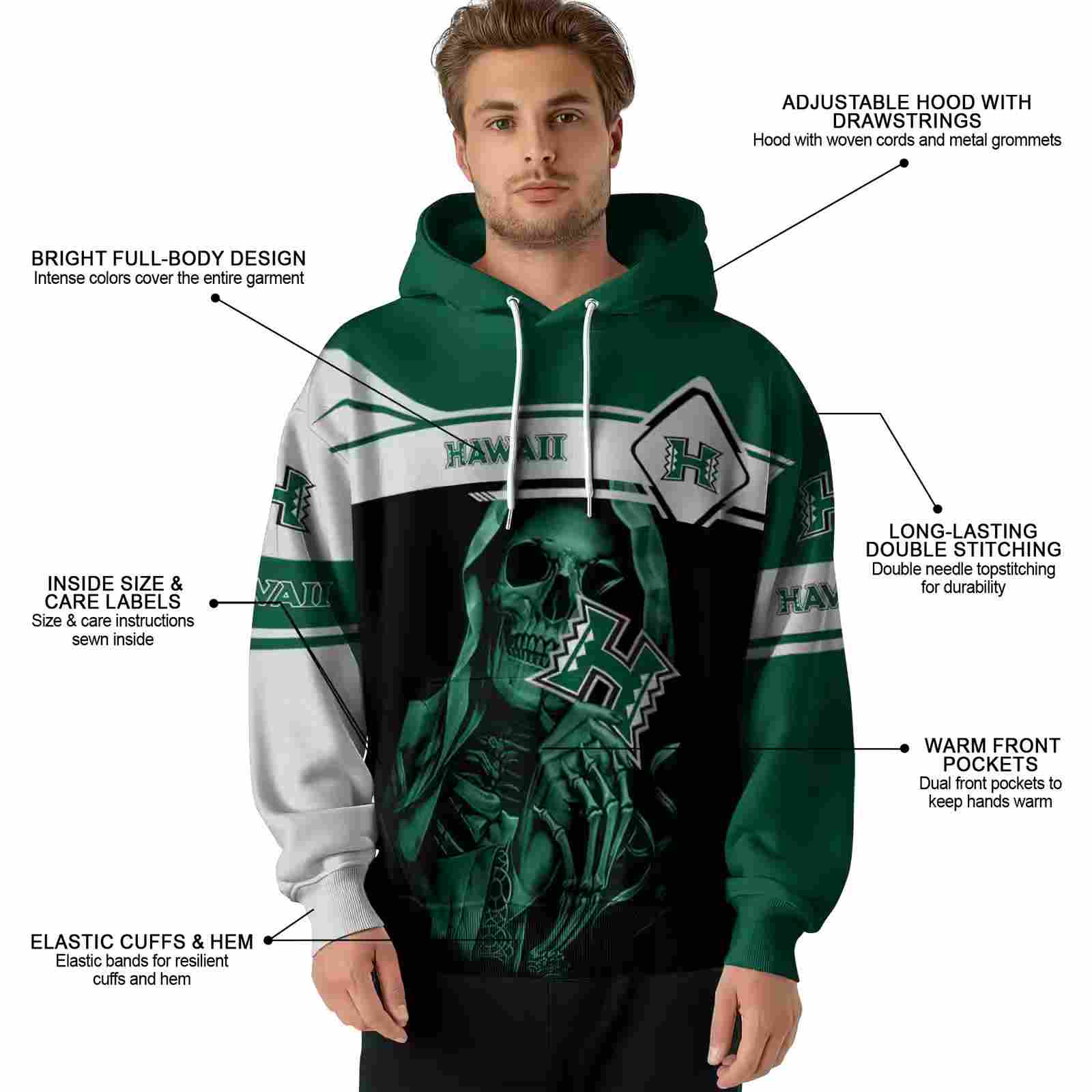 customized hawaii rainbow warriors grim reaper green black hoodie latest model