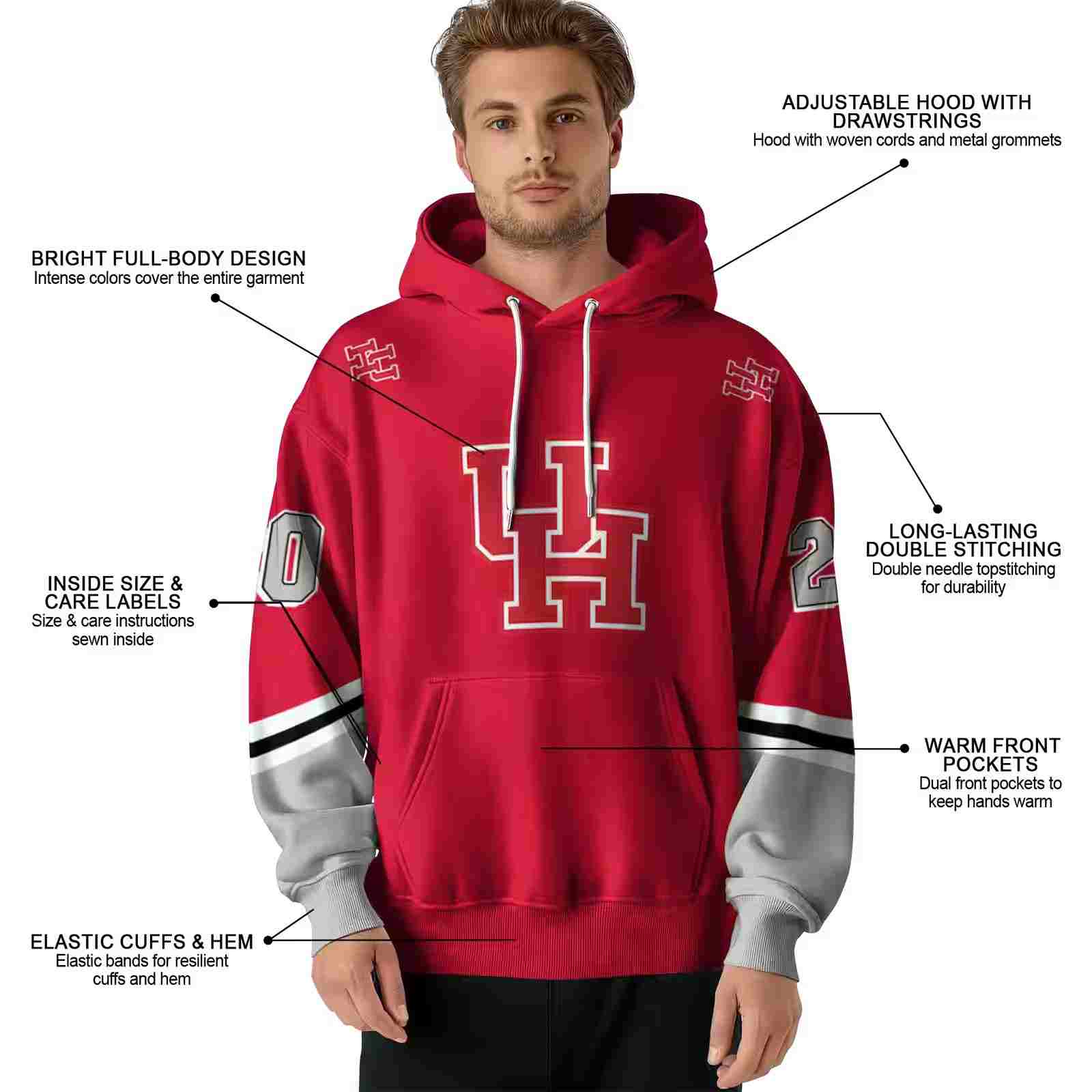 customized houston cougars striped sleeves red hoodie latest model