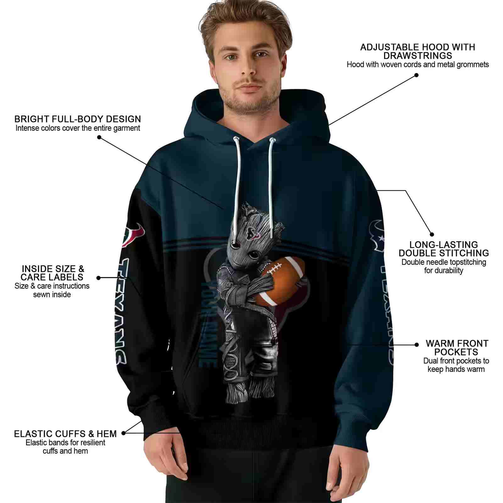 customized houston texans baby groot blue black hoodie latest model