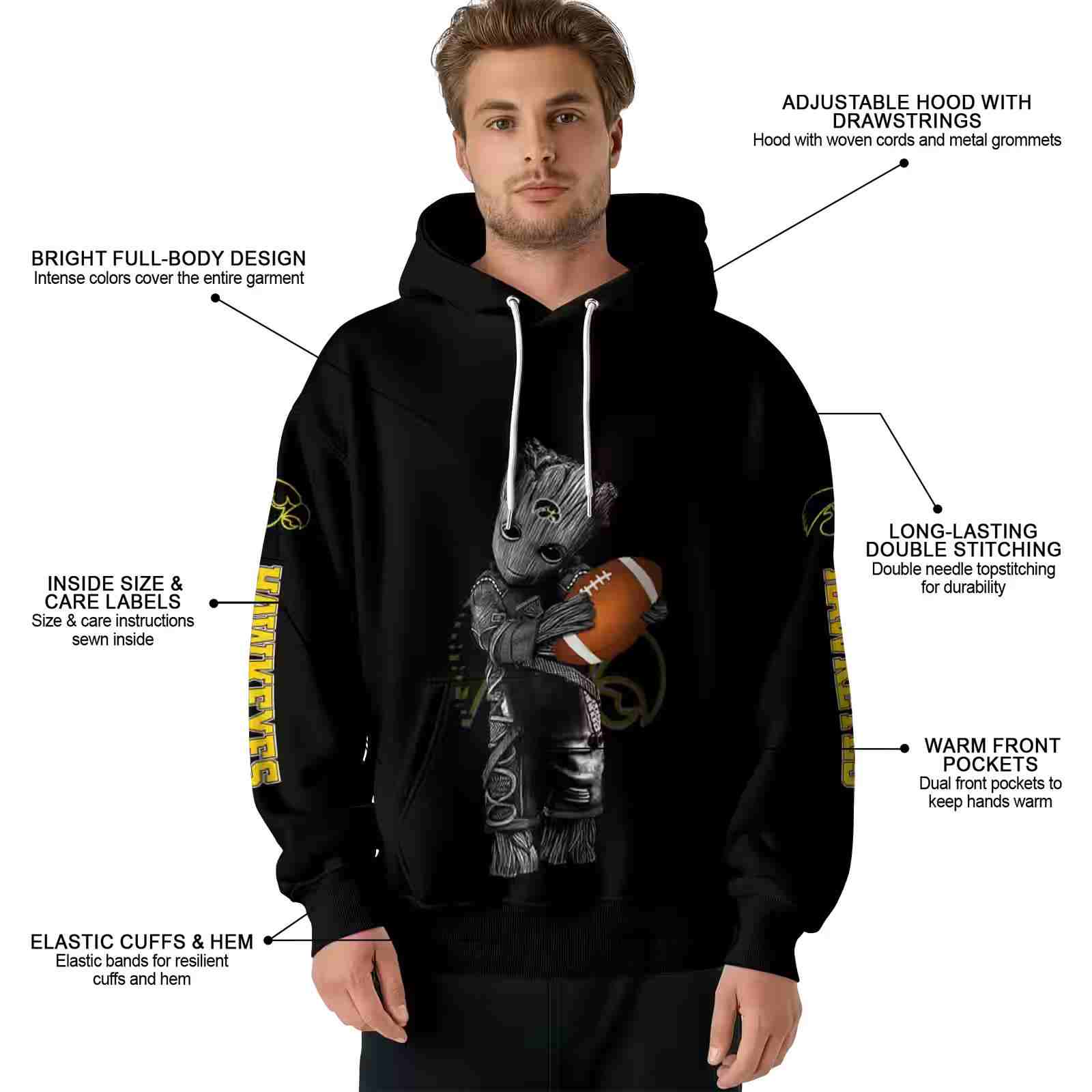 customized iowa hawkeyes baby groot black hoodie latest model