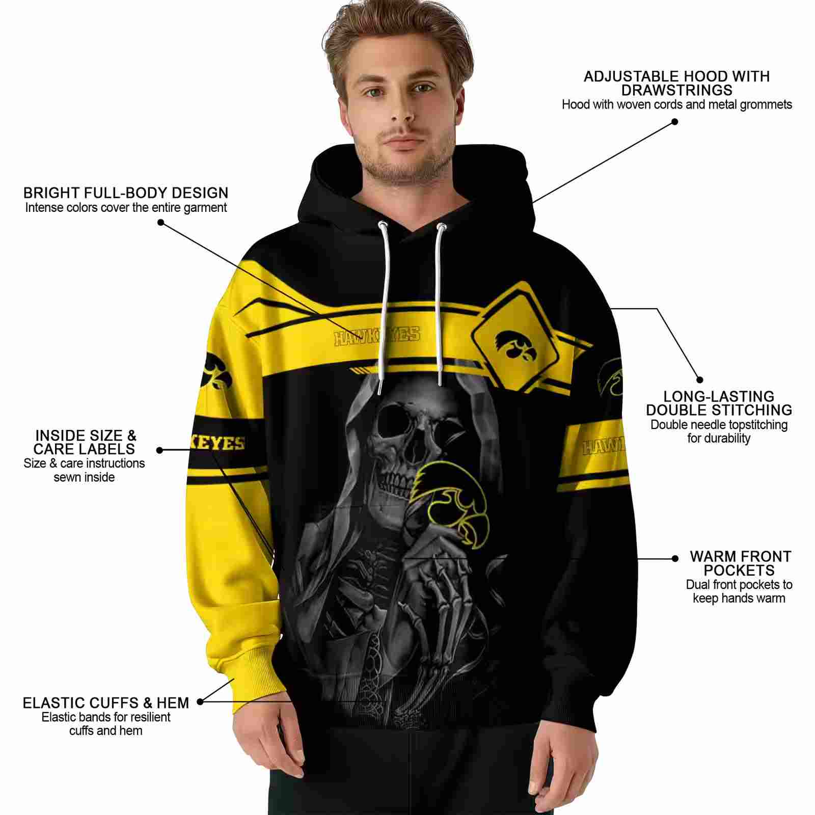 customized iowa hawkeyes grim reaper black hoodie latest model