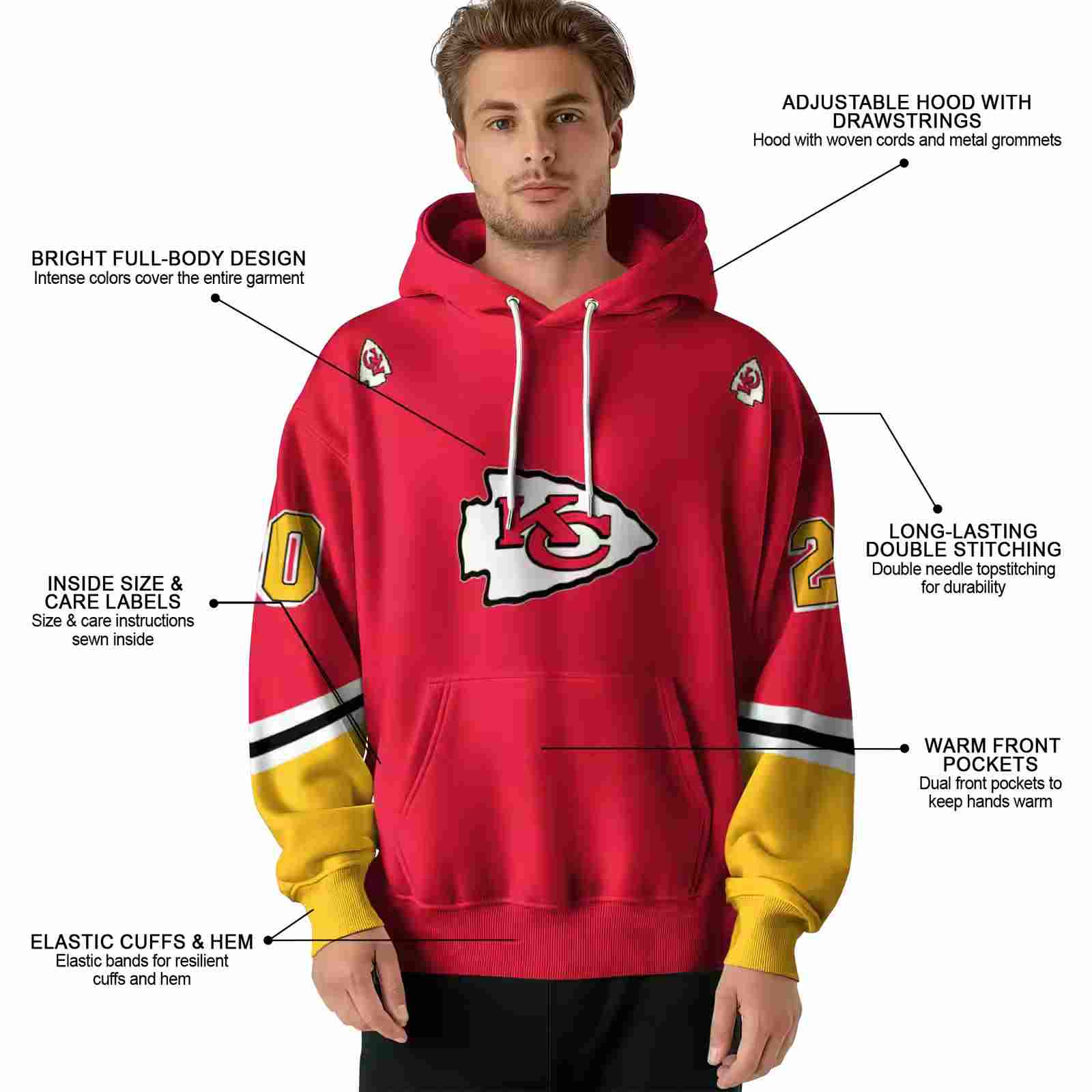 customized kansas city chiefs striped sleeves red hoodie latest model