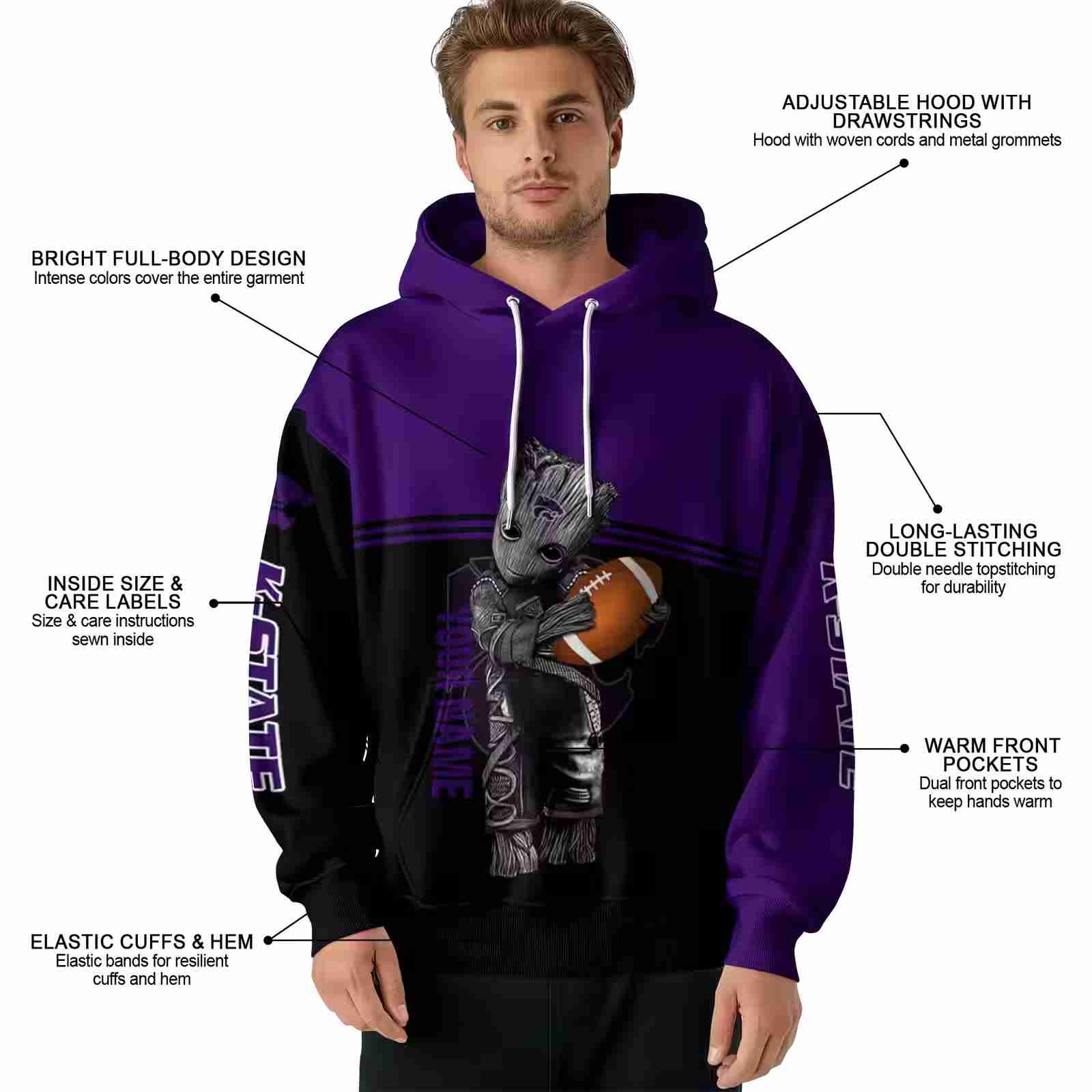 customized kansas state wildcats baby groot purple black hoodie latest model