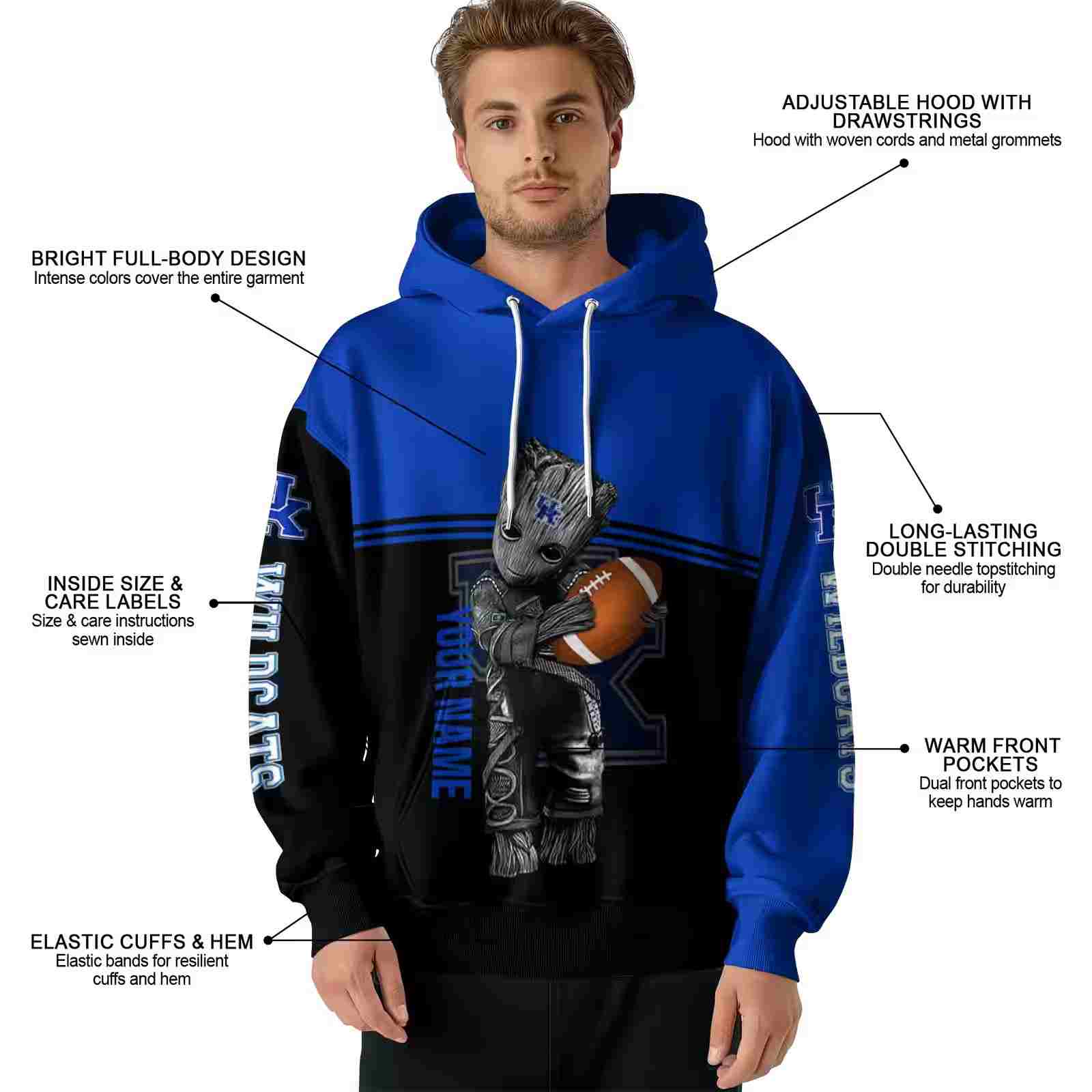 customized kentucky wildcats baby groot blue black hoodie latest model