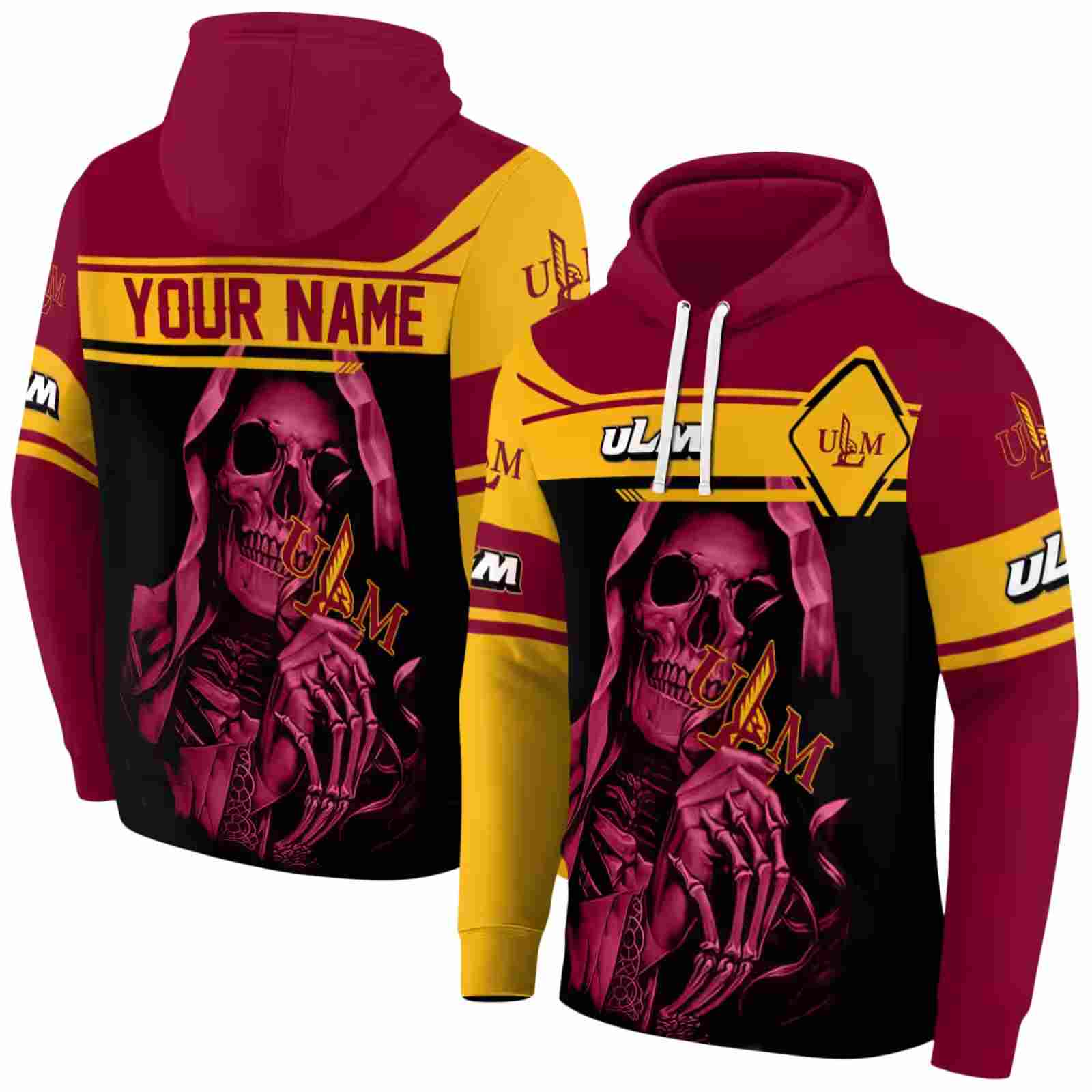 customized louisiana monroe warhawks grim reaper red black hoodie fashion forward