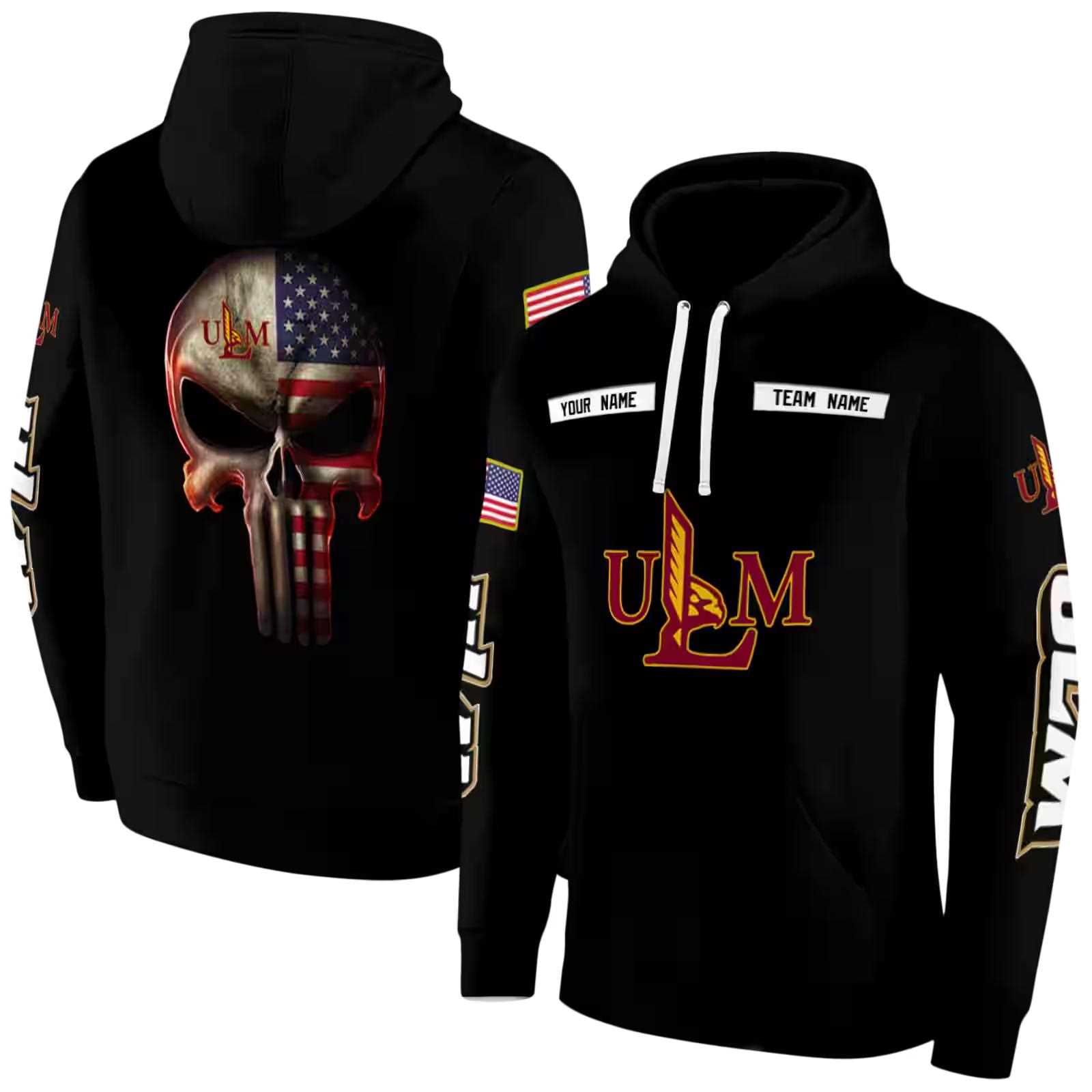 customized louisiana monroe warhawks punisher skull black hoodie fashion forward