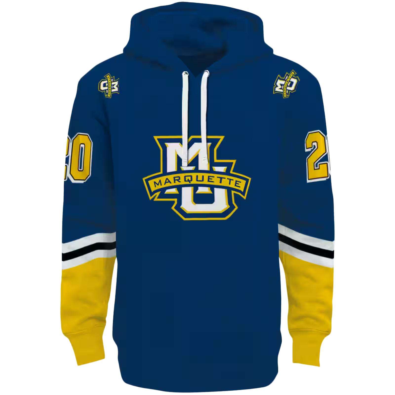 Customized Marquette Golden Eagles Striped Sleeves Blue Hoodie