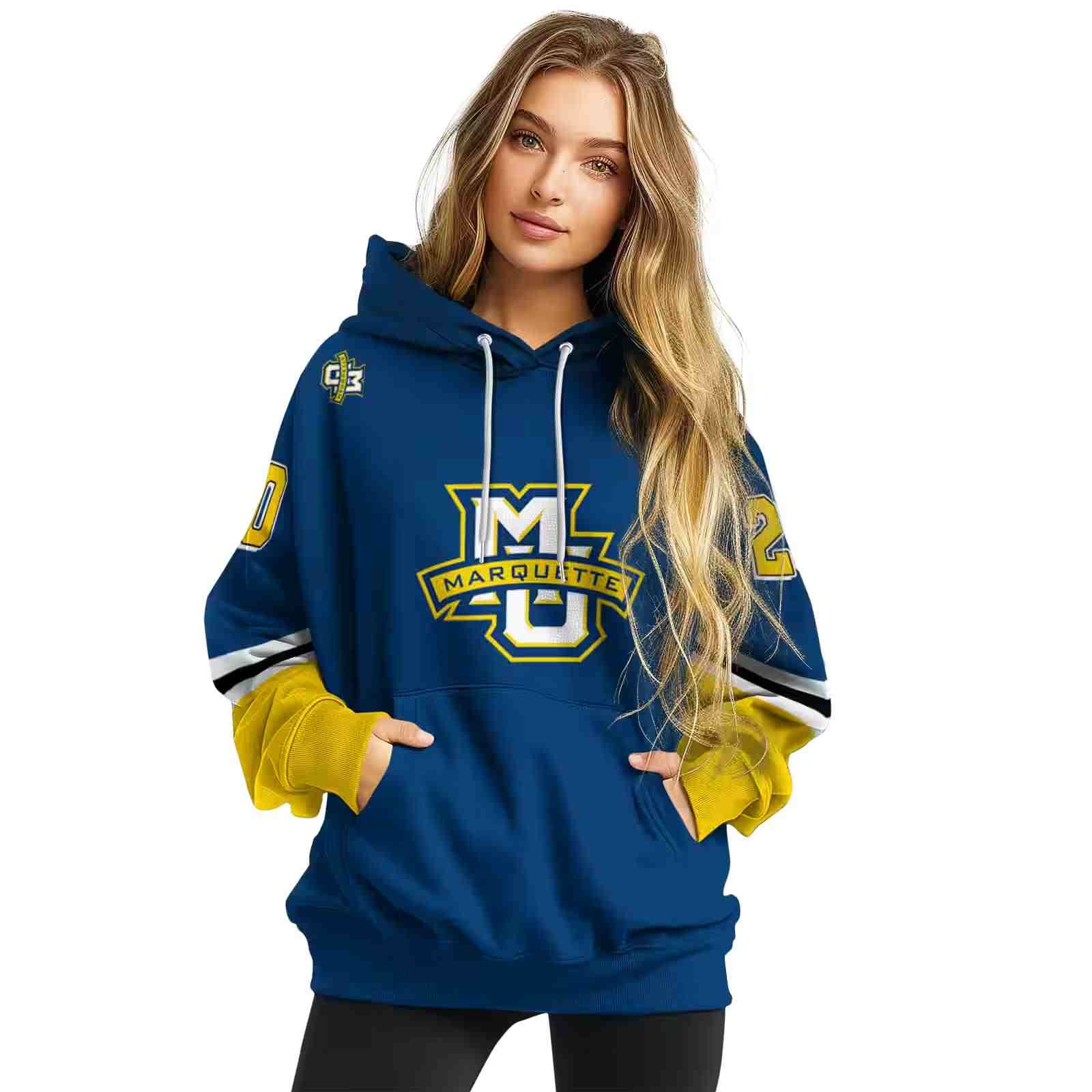 customized marquette golden eagles striped sleeves blue hoodie high quality