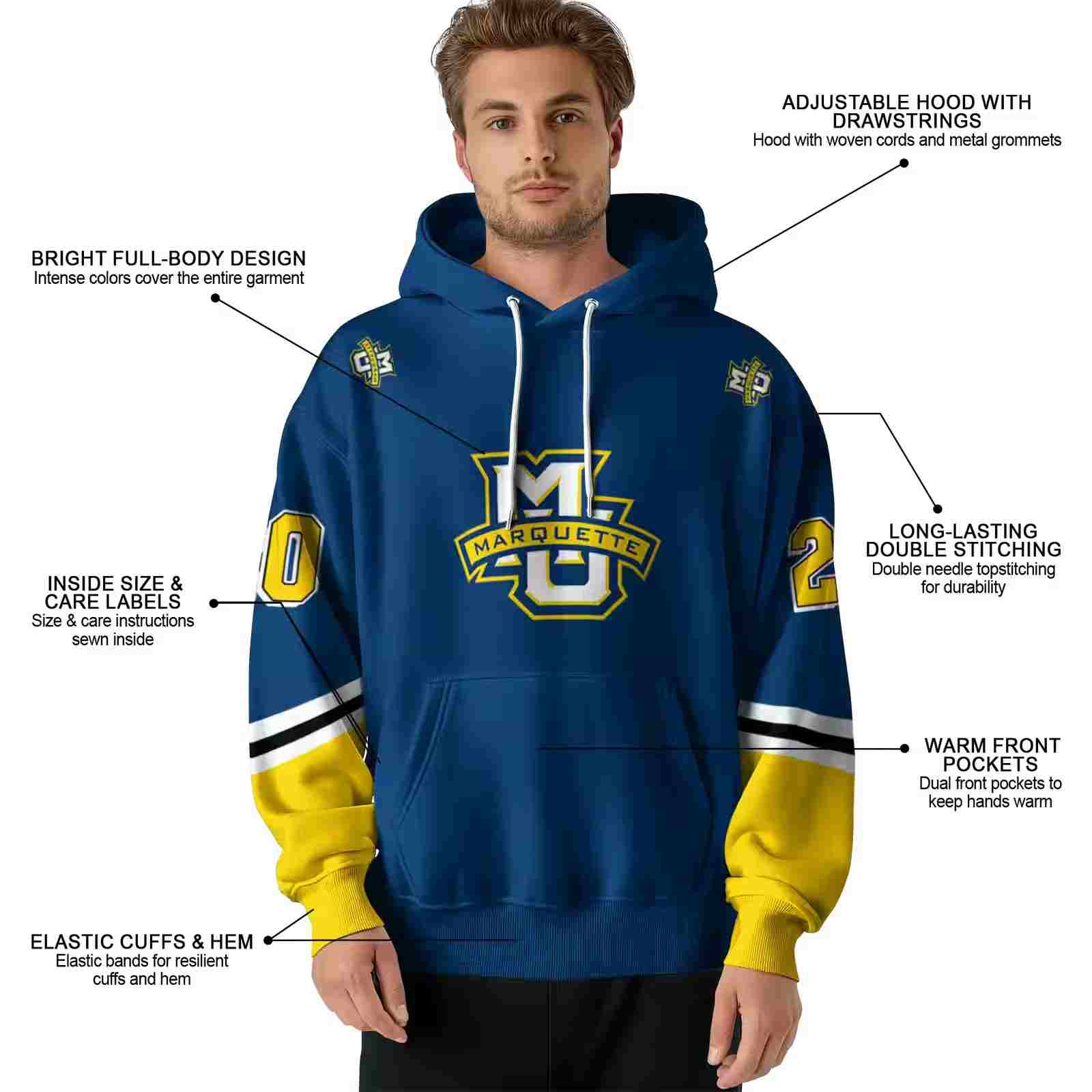 customized marquette golden eagles striped sleeves blue hoodie latest model