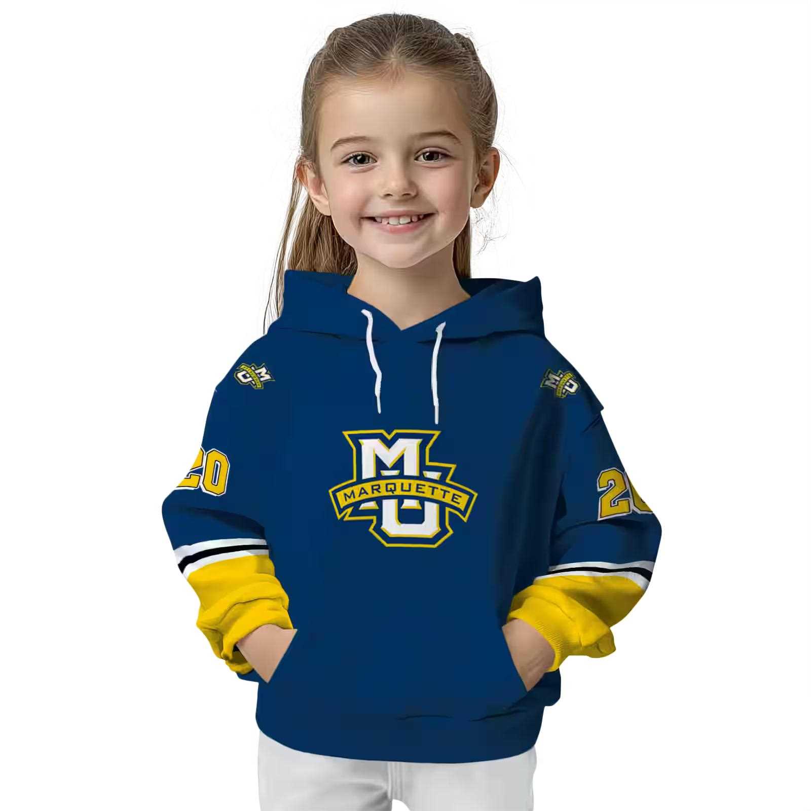 customized marquette golden eagles striped sleeves blue hoodie top rated