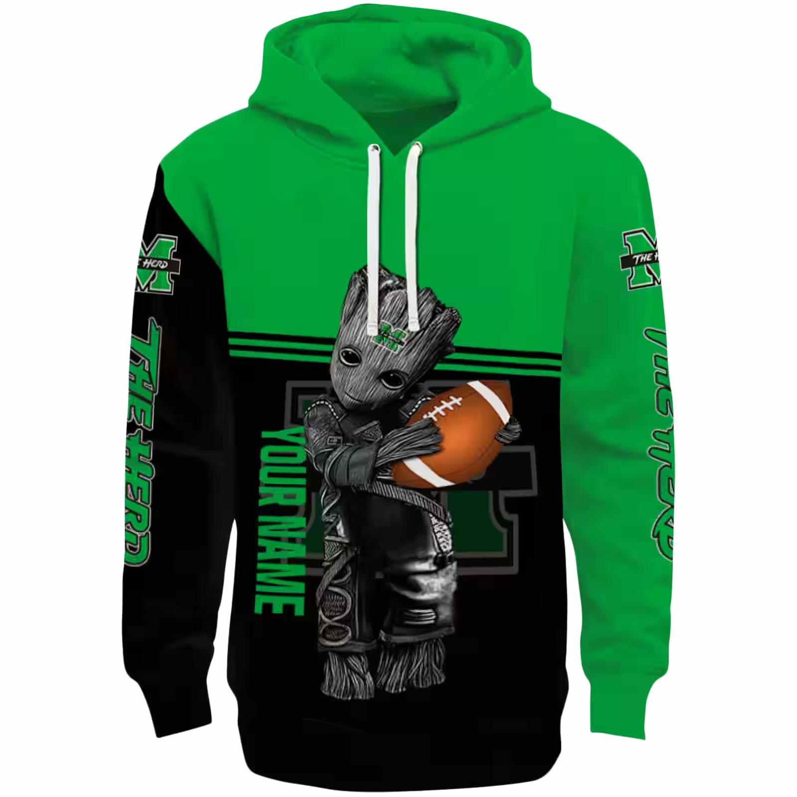Customized Marshall Thundering Herd Baby Groot Green Black Hoodie