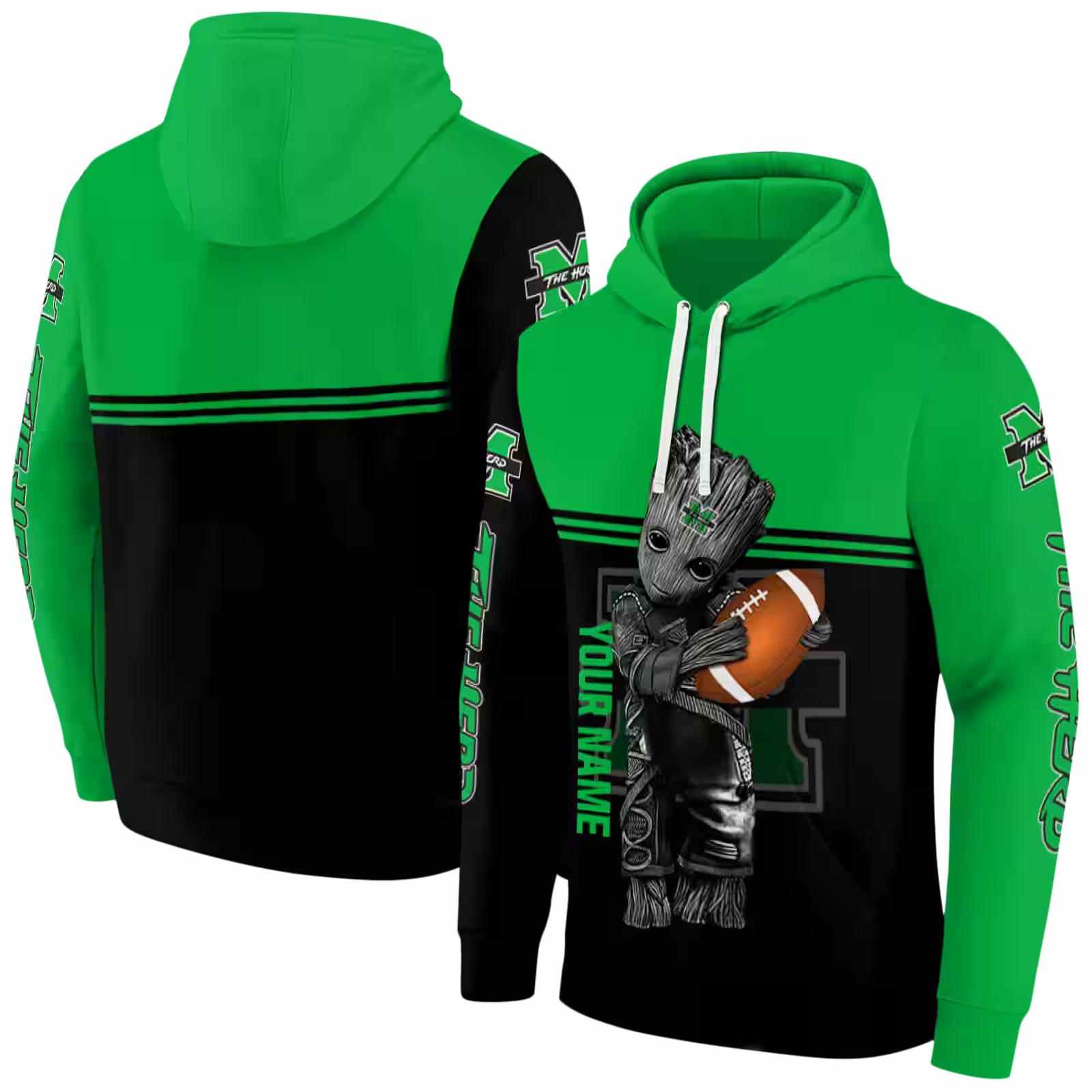 customized marshall thundering herd baby groot green black hoodie fashion forward