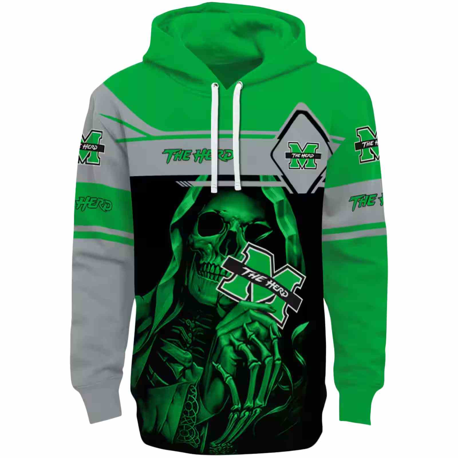 Customized Marshall Thundering Herd Grim Reaper Green Black Hoodie