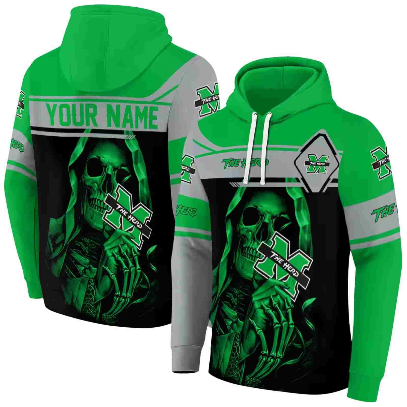 customized marshall thundering herd grim reaper green black hoodie fashion forward
