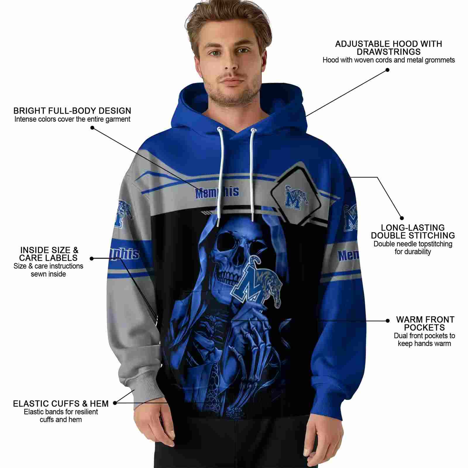 customized memphis tigers grim reaper blue black hoodie latest model