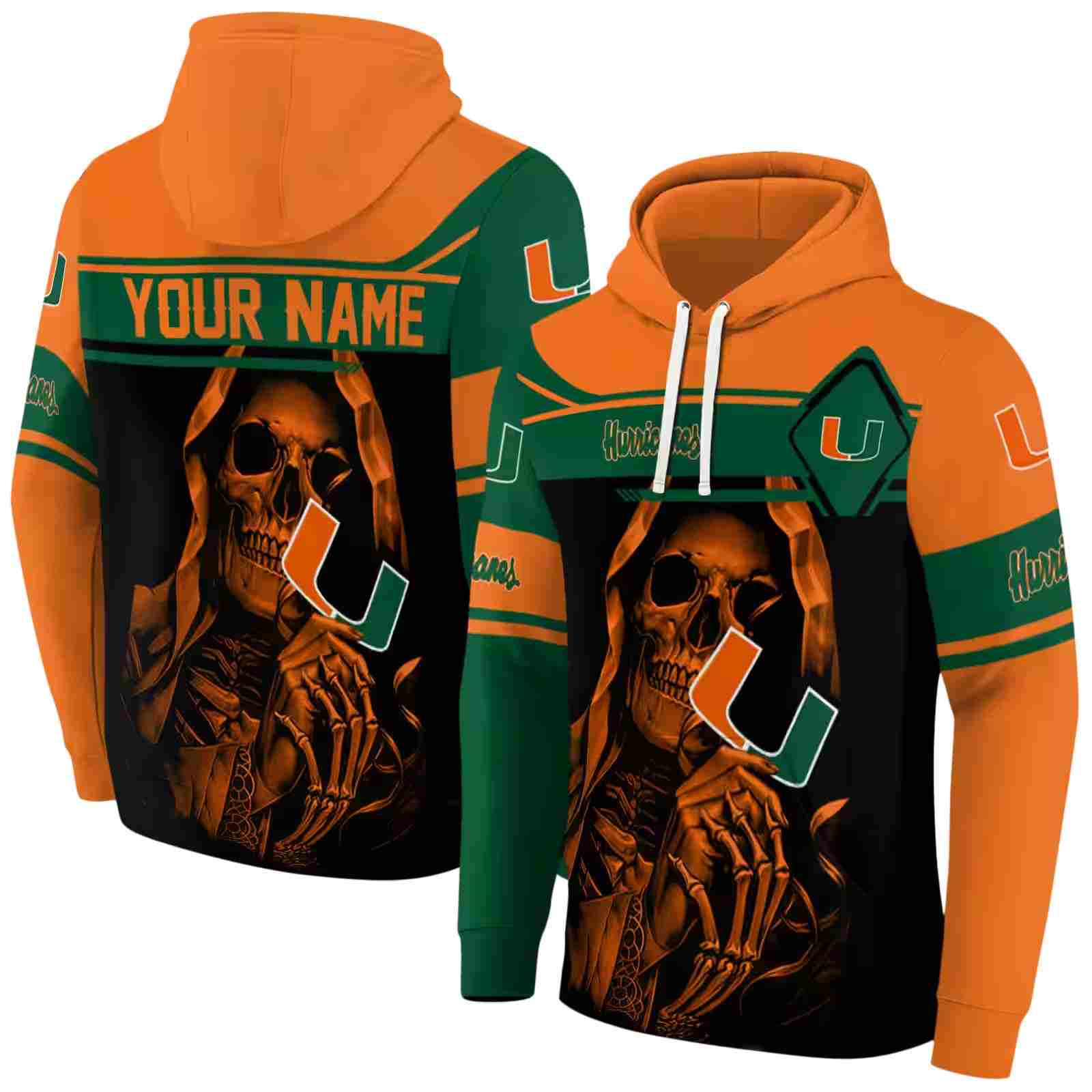 customized miami hurricanes grim reaper orange black hoodie fashion forward