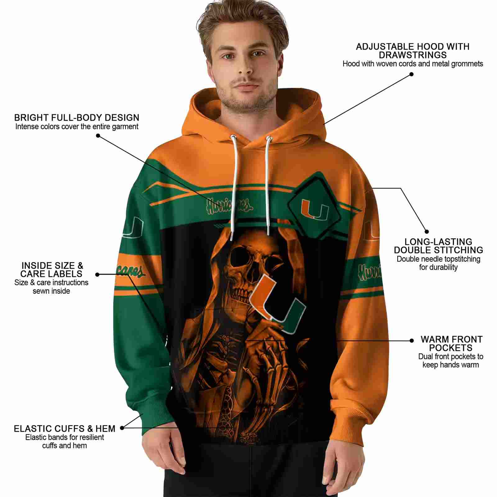 customized miami hurricanes grim reaper orange black hoodie latest model