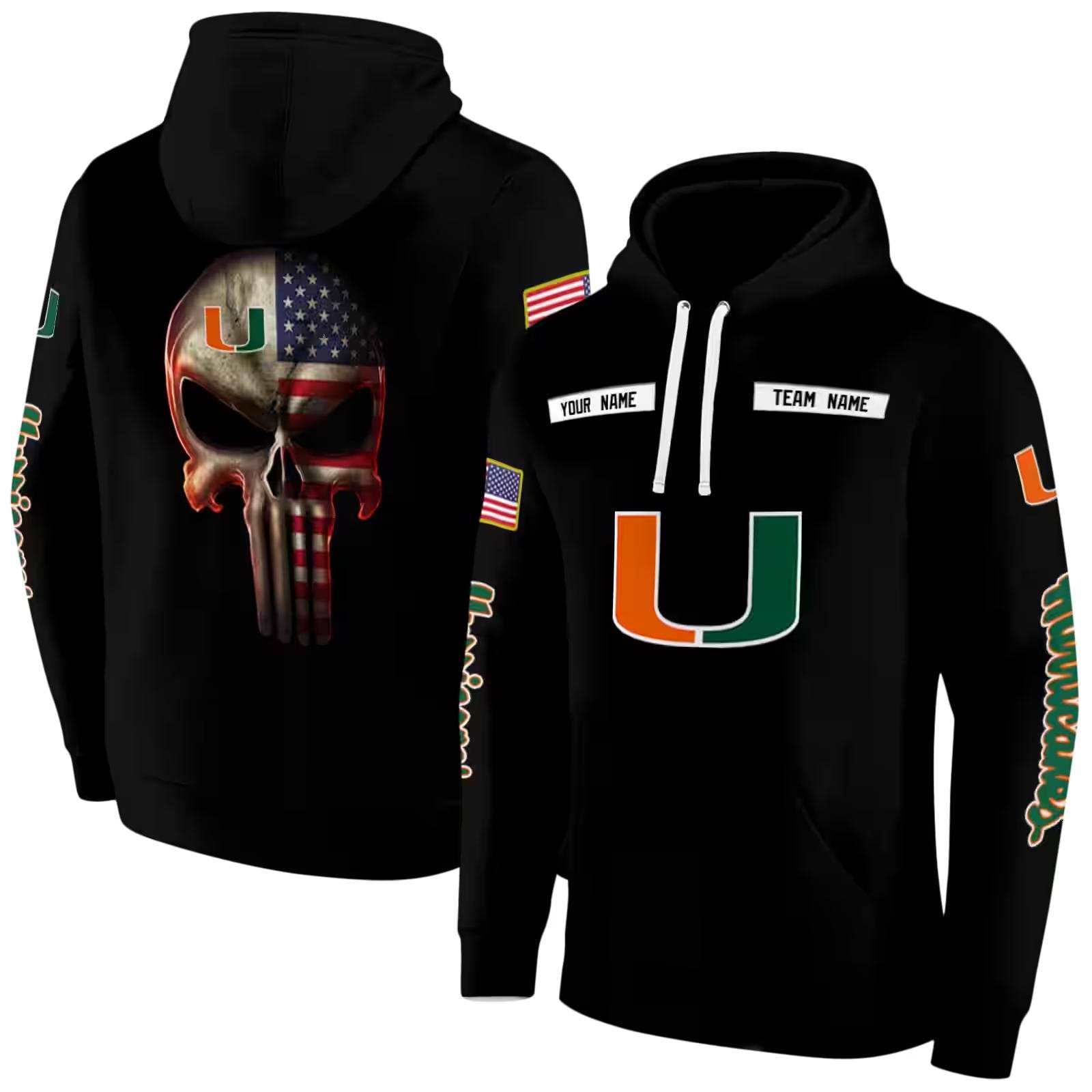 customized miami hurricanes punisher skull black hoodie fashion forward