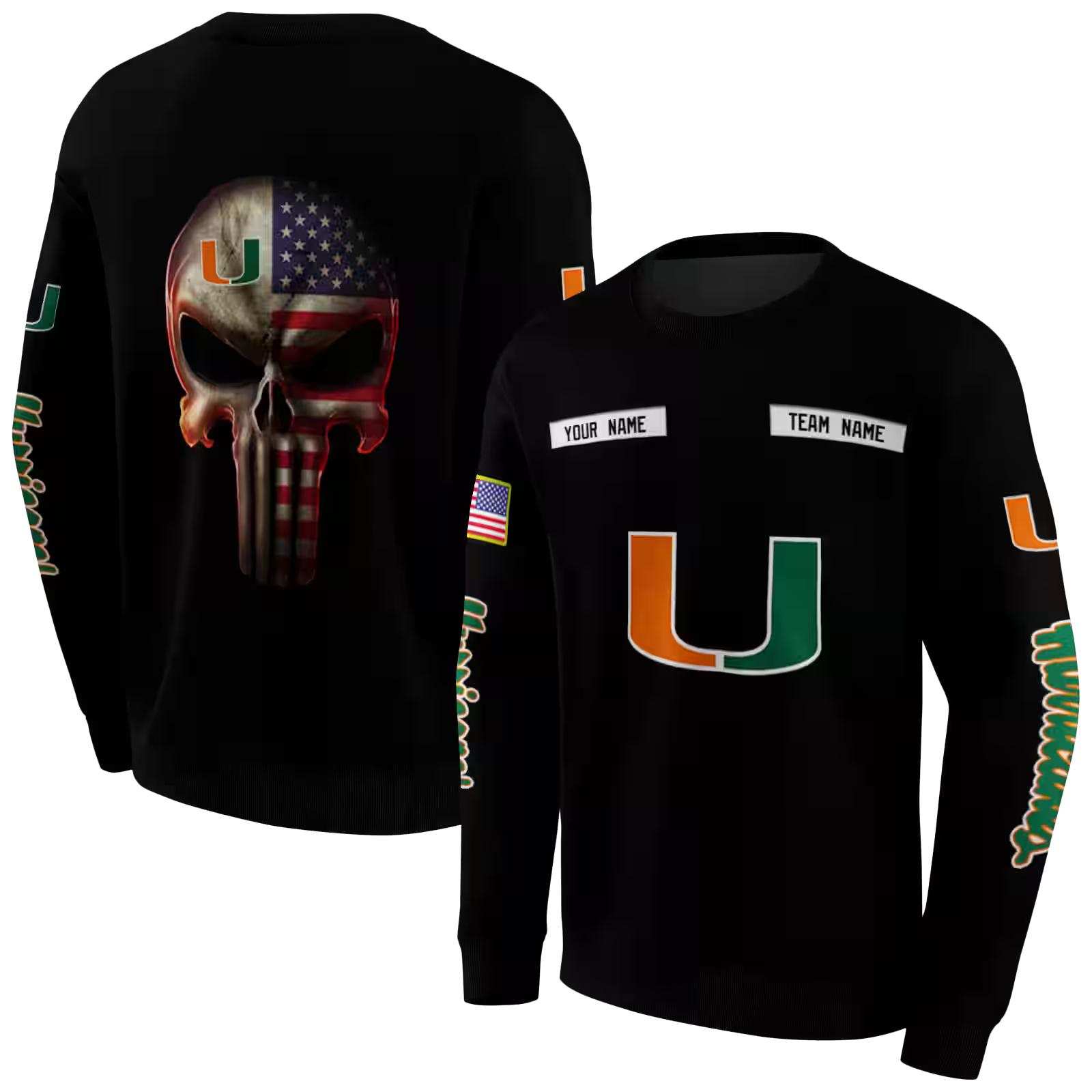 customized miami hurricanes punisher skull black hoodie premium grade