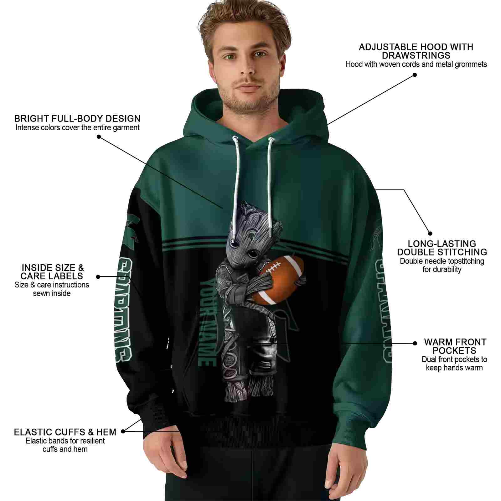 customized michigan state spartans baby groot green black hoodie latest model