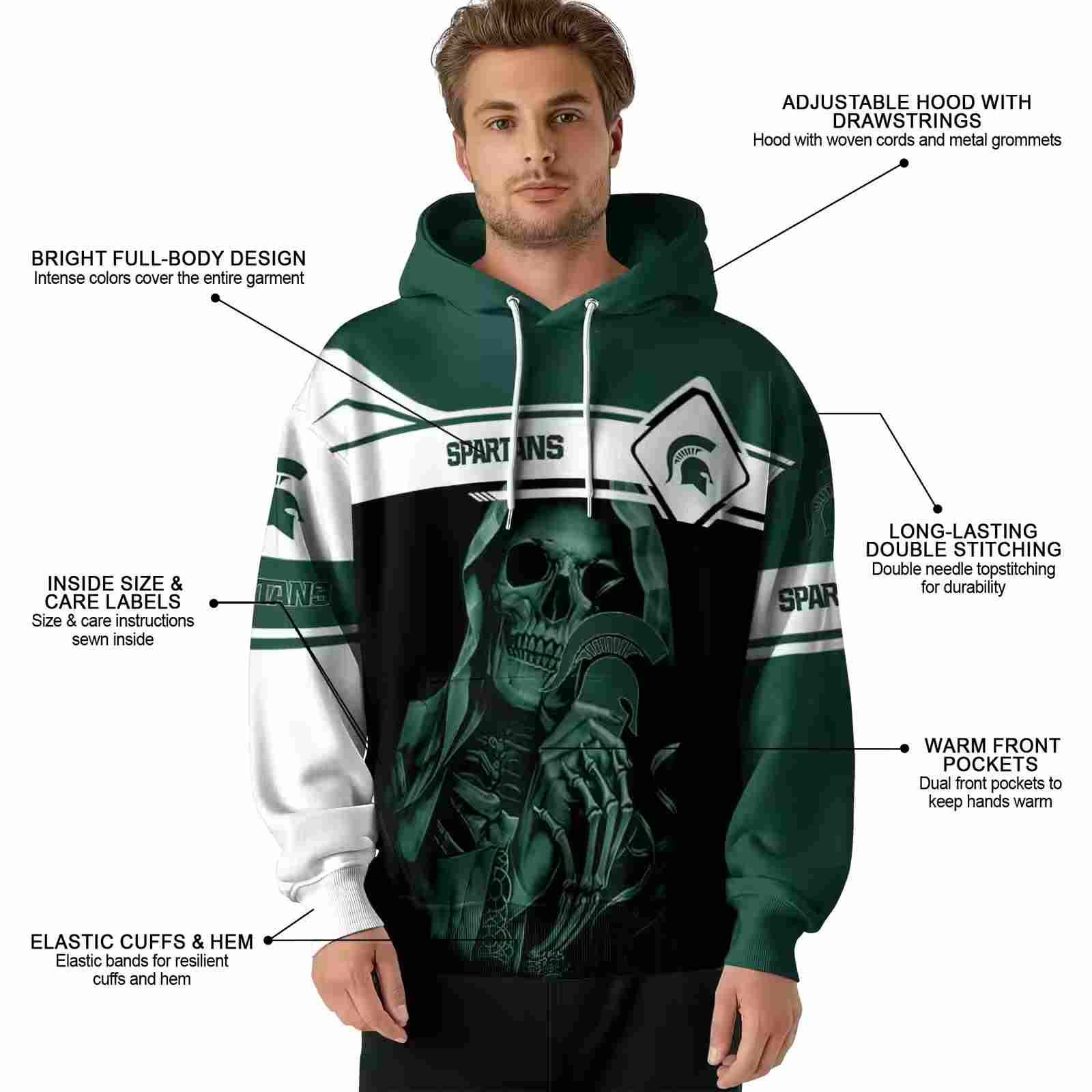 customized michigan state spartans grim reaper green black hoodie latest model