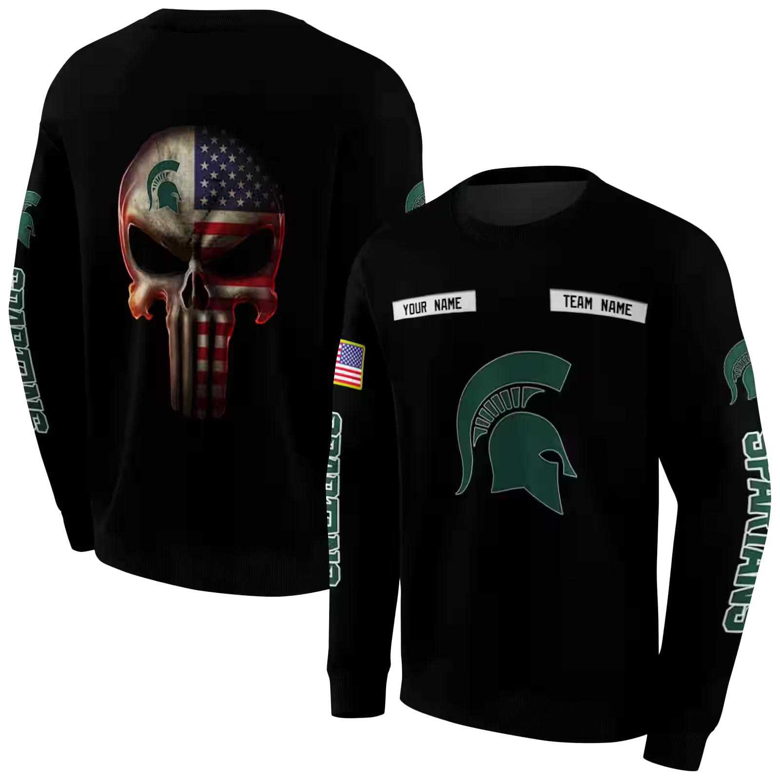 customized michigan state spartans punisher skull black hoodie premium grade