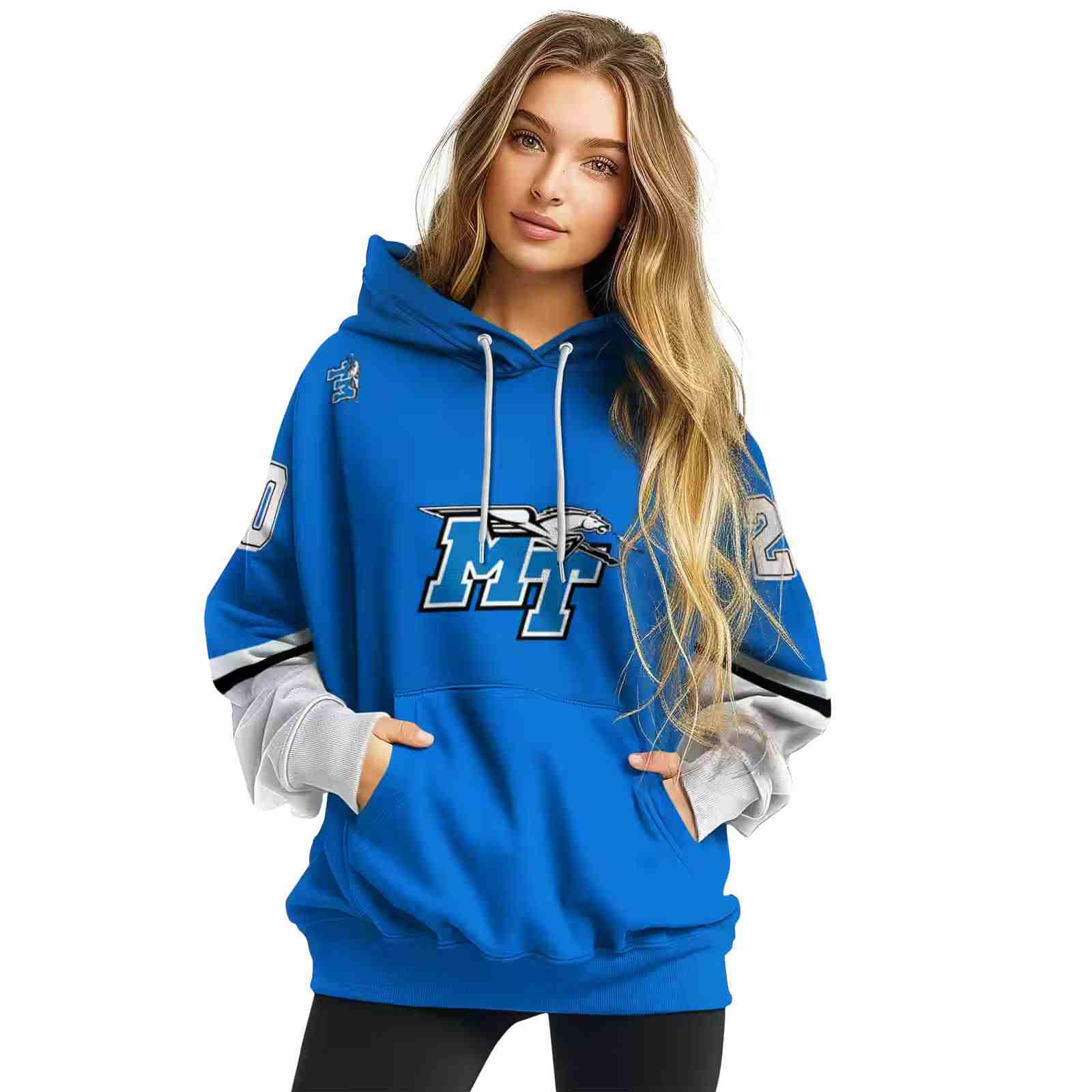 customized middle tennessee blue raiders striped sleeves blue hoodie high quality