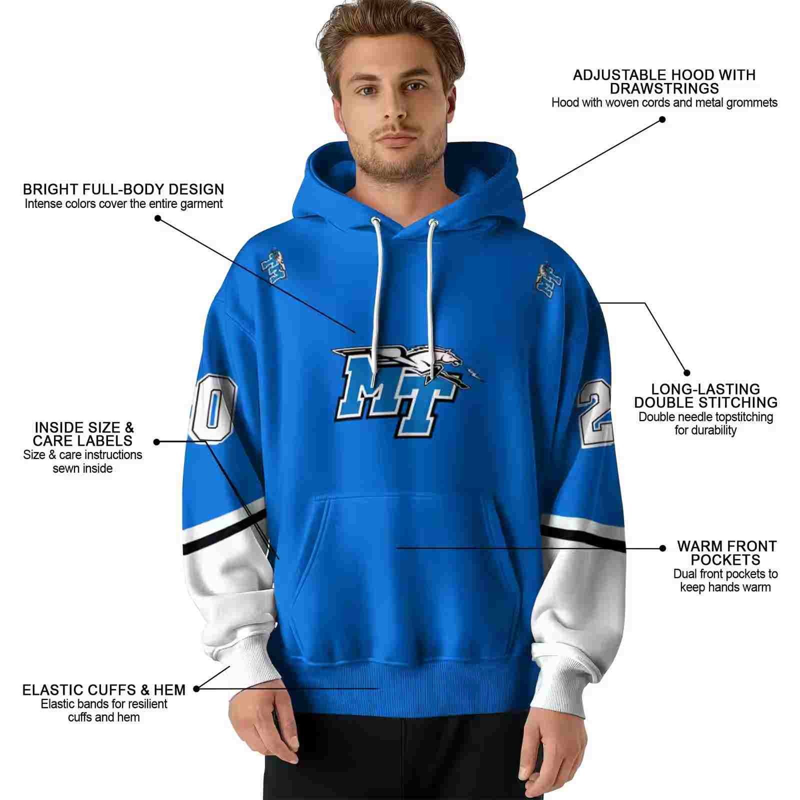 customized middle tennessee blue raiders striped sleeves blue hoodie latest model