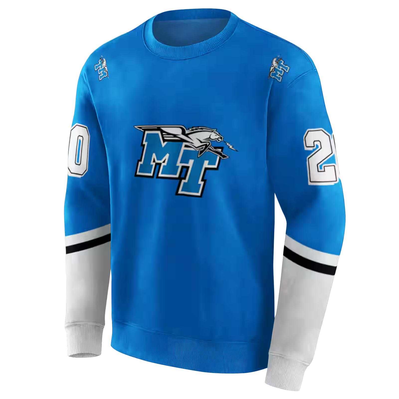 customized middle tennessee blue raiders striped sleeves blue hoodie new arrival