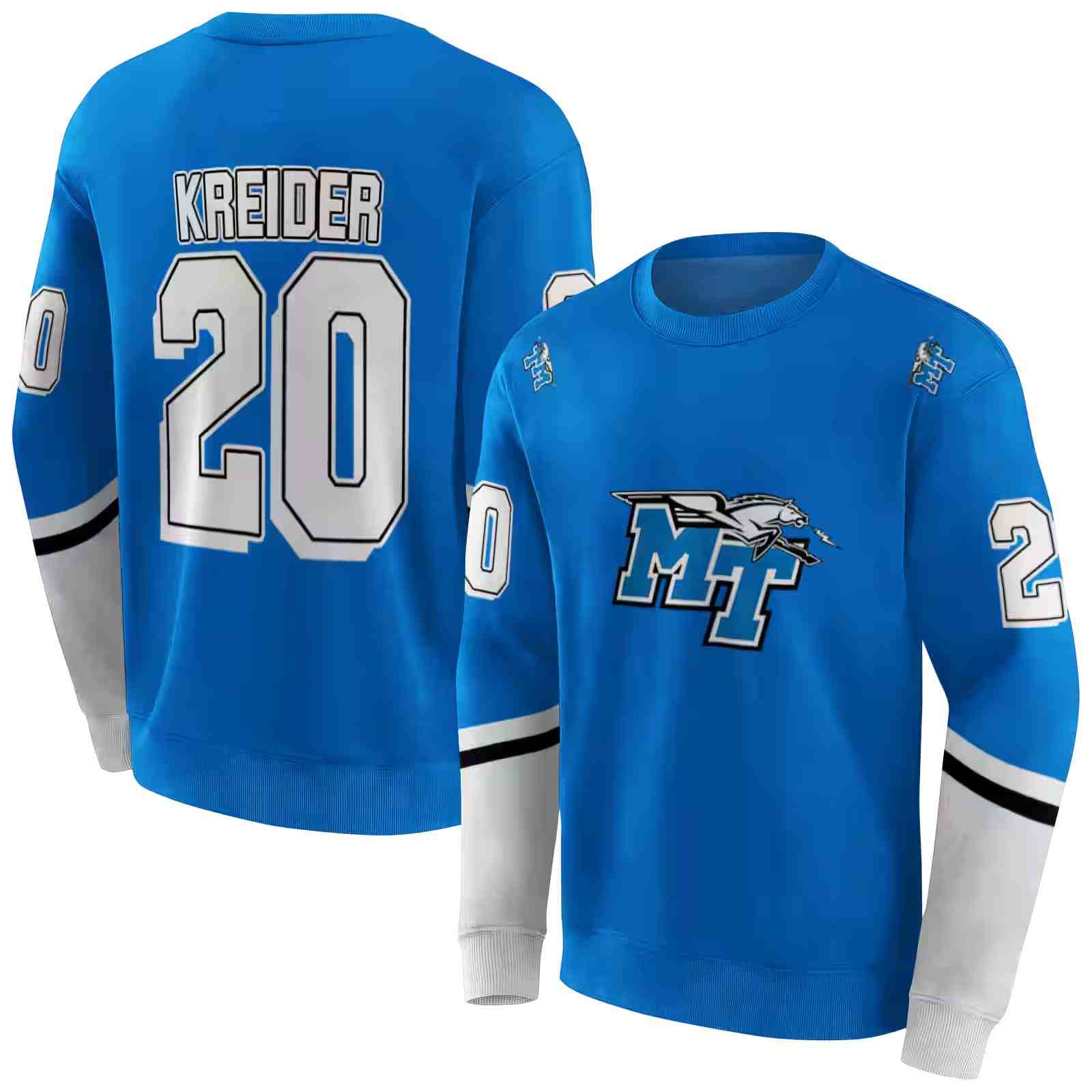 customized middle tennessee blue raiders striped sleeves blue hoodie premium grade