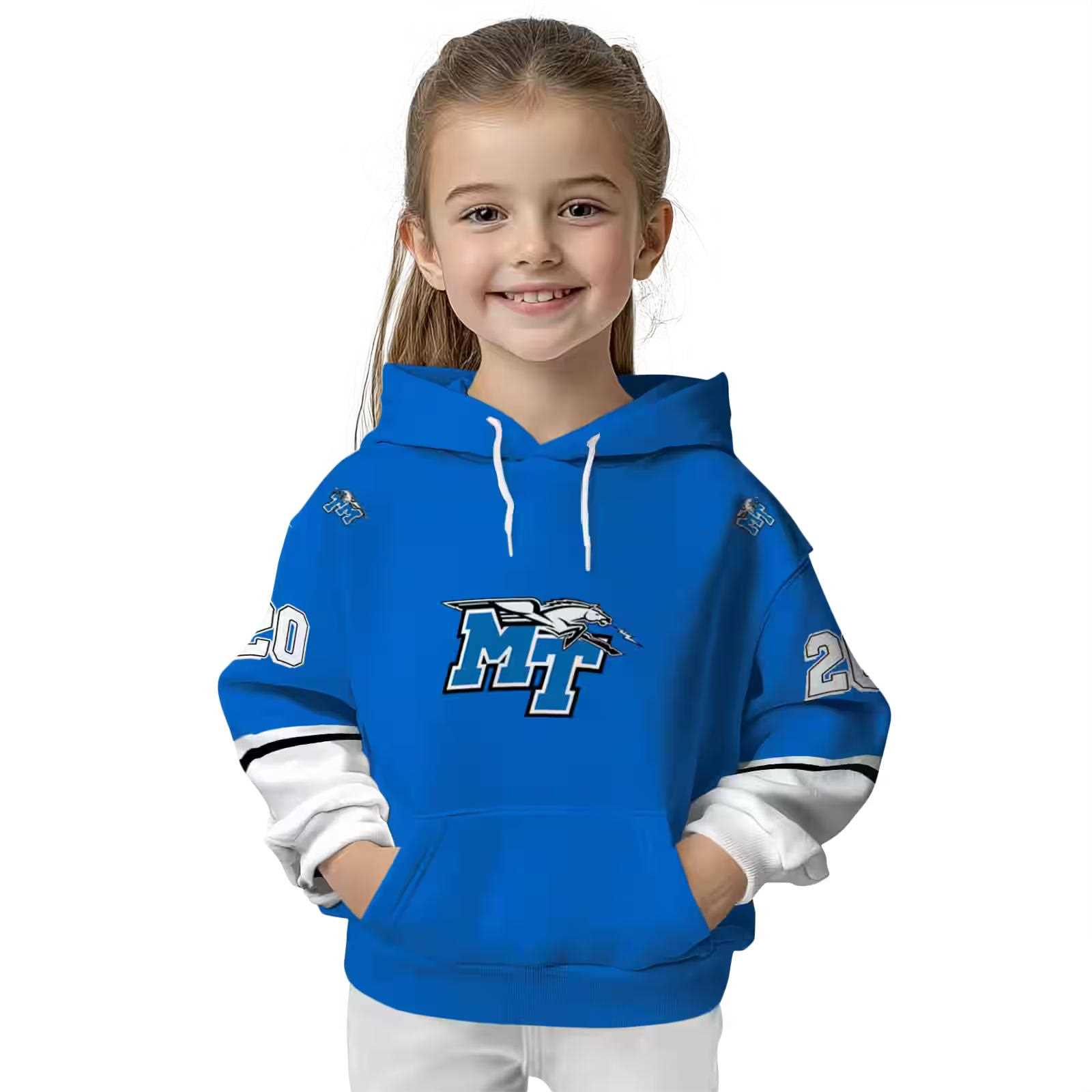 customized middle tennessee blue raiders striped sleeves blue hoodie top rated