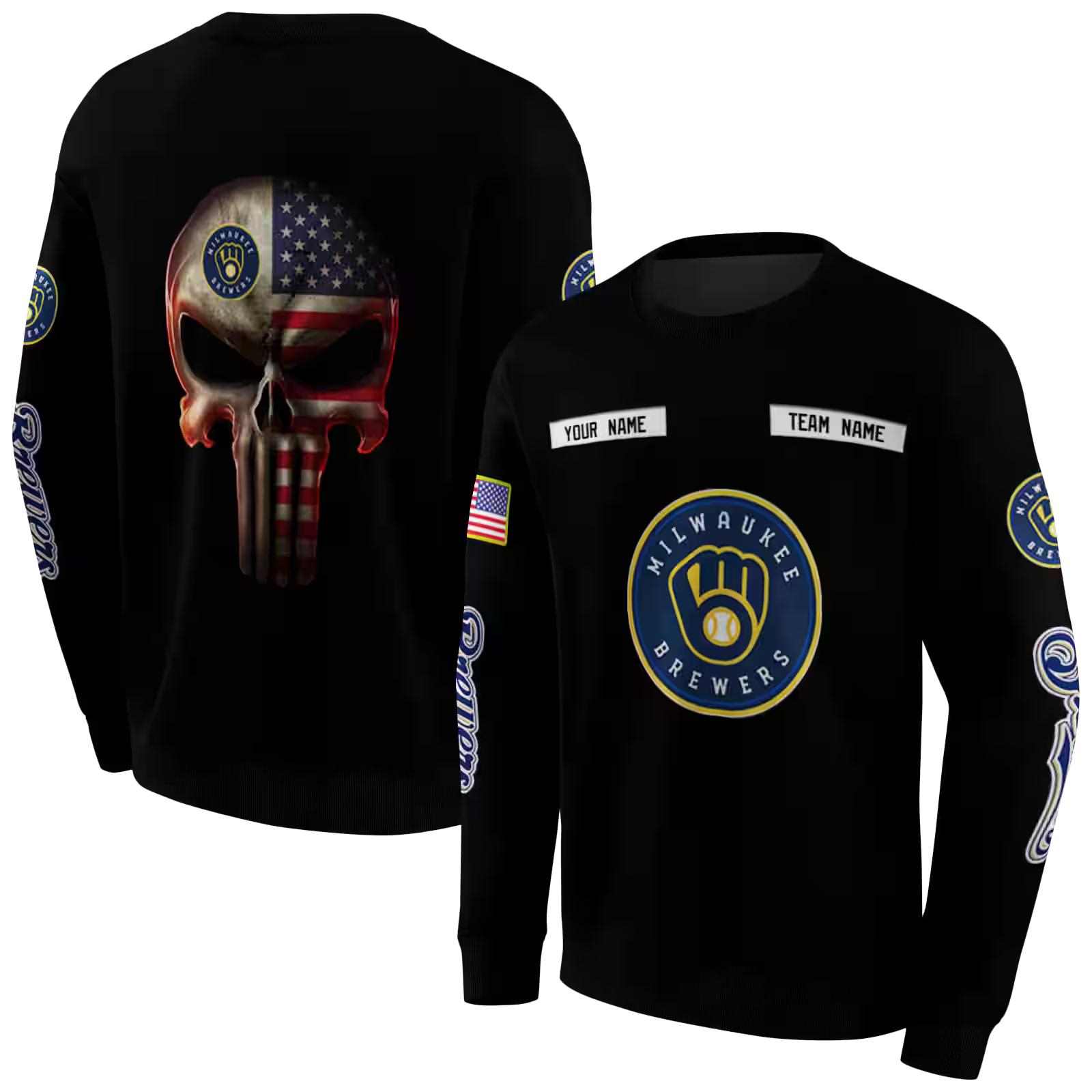 customized milwaukee brewers punisher skull black hoodie premium grade