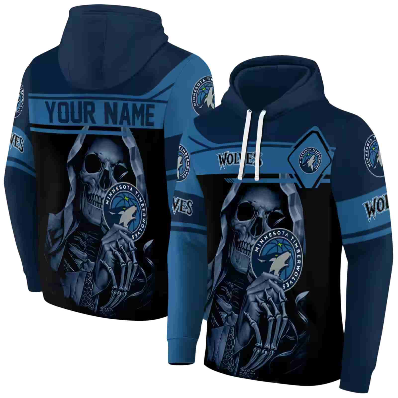 customized minnesota timberwolves grim reaper midnight blue black hoodie fashion forward