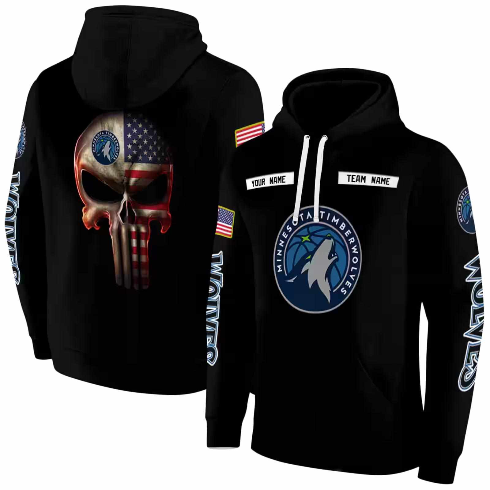 customized minnesota timberwolves punisher skull black hoodie fashion forward