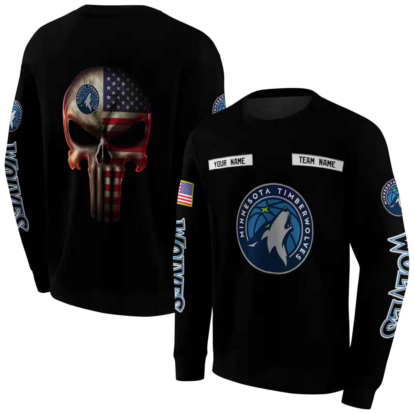 customized minnesota timberwolves punisher skull black hoodie premium grade