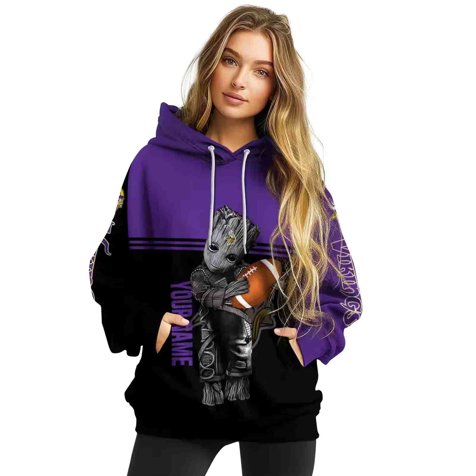 customized minnesota vikings baby groot purple black hoodie high quality