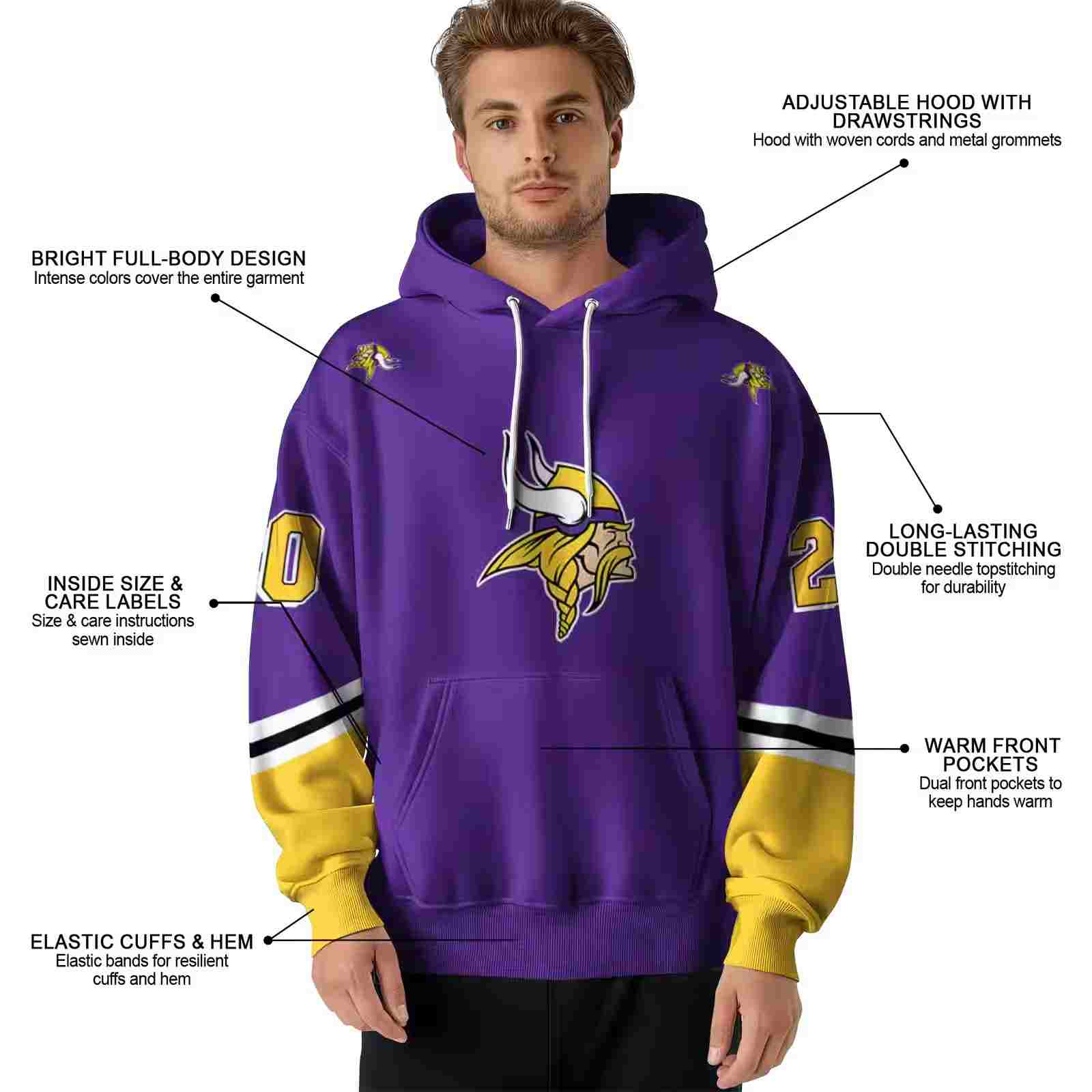 customized minnesota vikings striped sleeves purple hoodie latest model