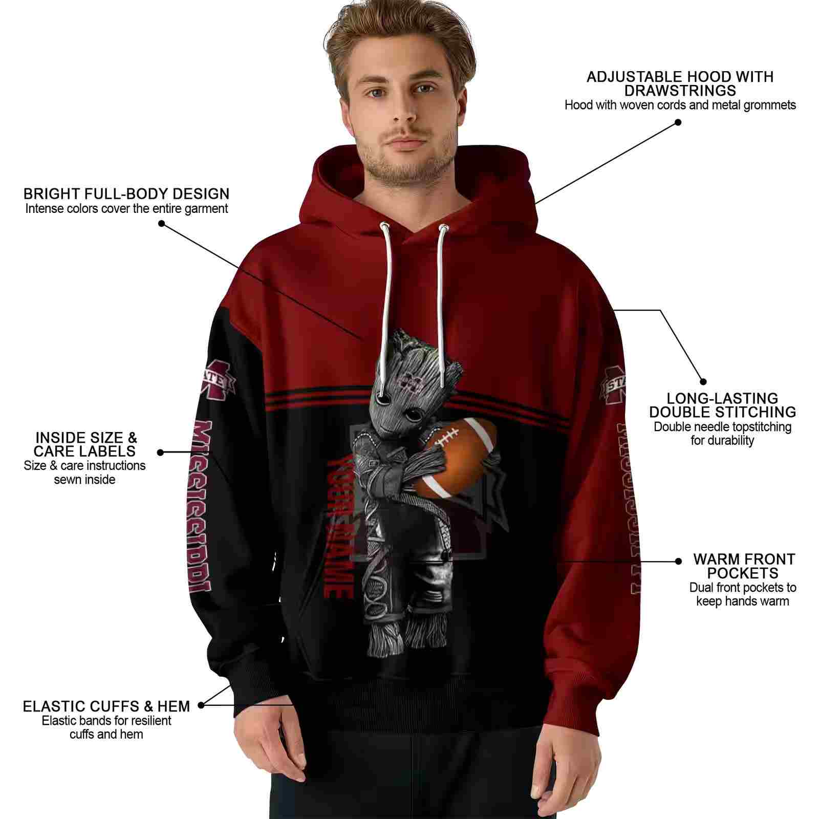 customized mississippi state bulldogs baby groot maroon black hoodie latest model