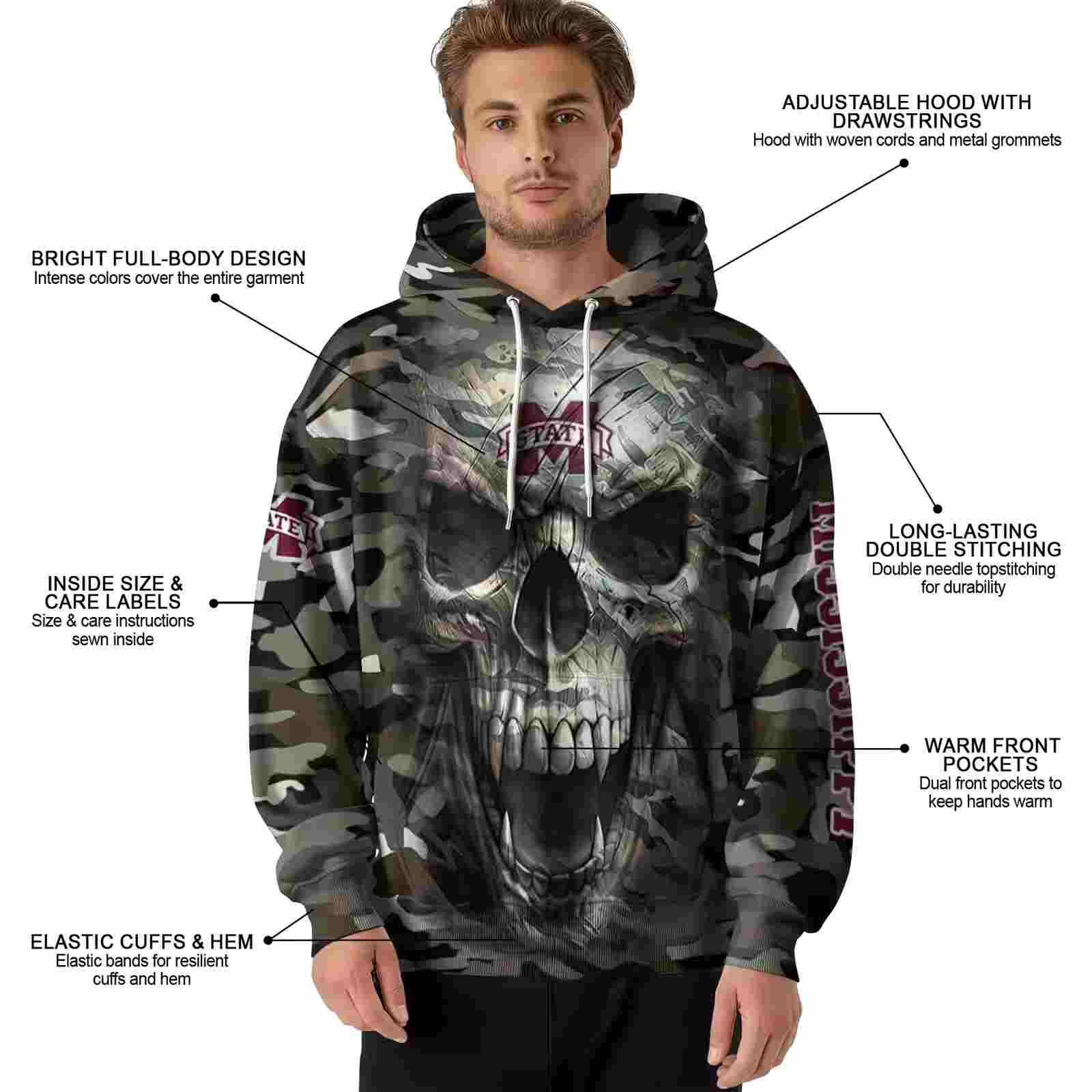 customized mississippi state bulldogs camo skull hoodie latest model